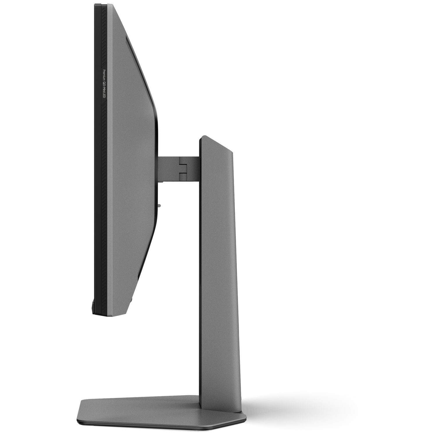 Vue latérale d'un écran d'ordinateur gris avec un support sur fond blanc. L'écran est étiqueté 'Premium QD-MiniLED'.