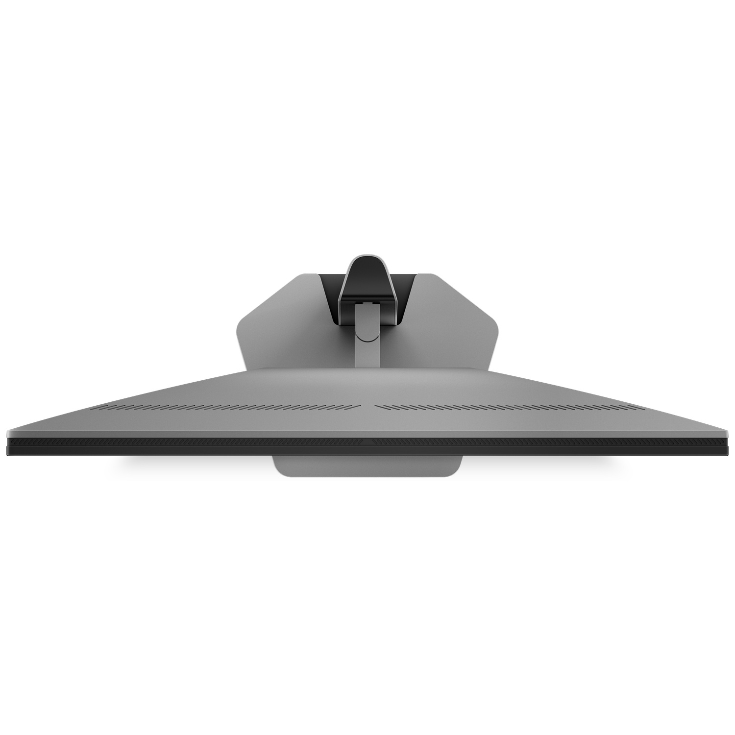 Vue de dessus d'un moniteur d'ordinateur gris. L'écran est allongé avec un bord noir. Le support est gris et a un support noir.