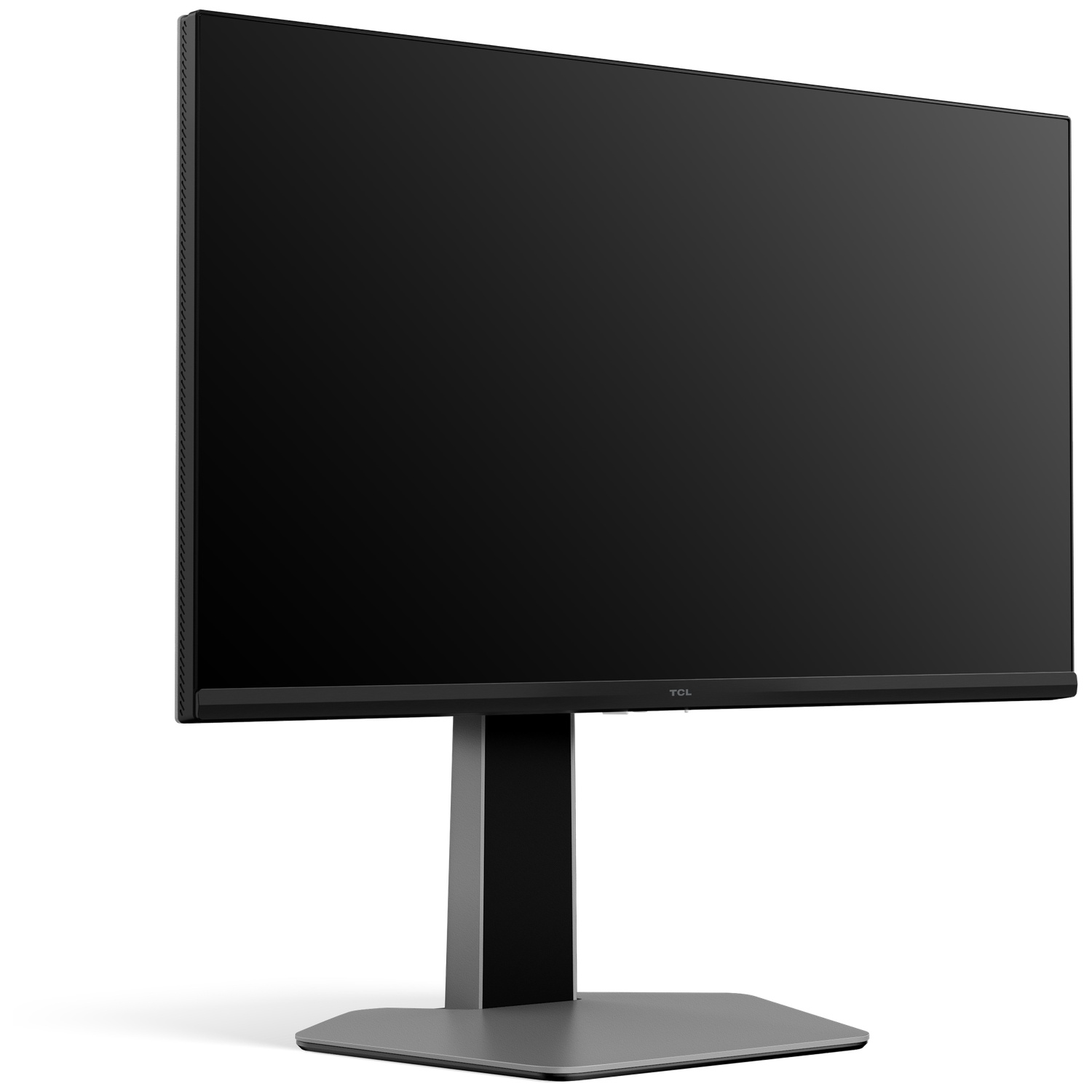 Un écran d'ordinateur noir sur un support gris. L'écran est sombre, avec le logo TCL en bas. Le fond est blanc.