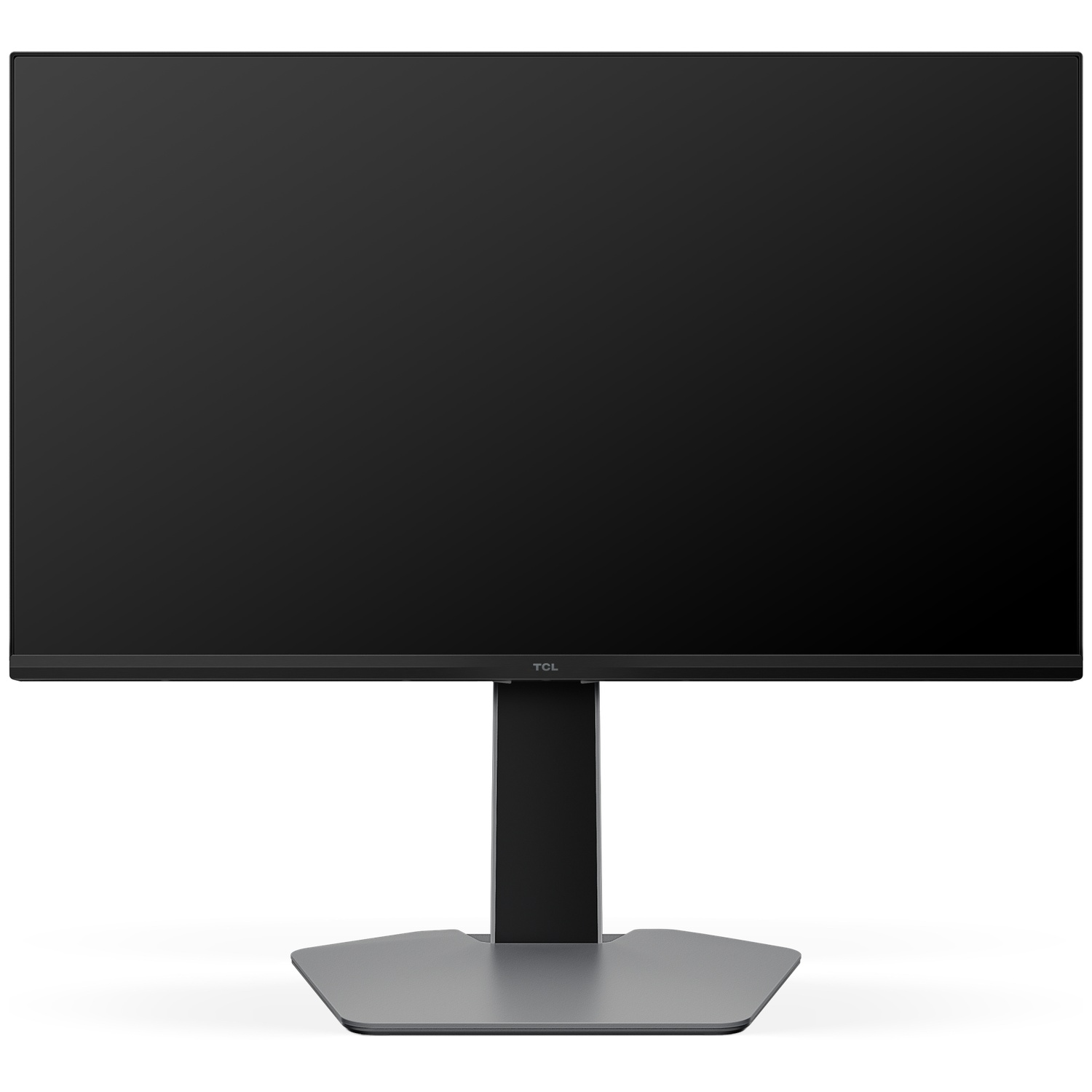 Un moniteur TCL. Écran noir avec cadre fin. Support et base gris. Le logo TCL est visible en bas.