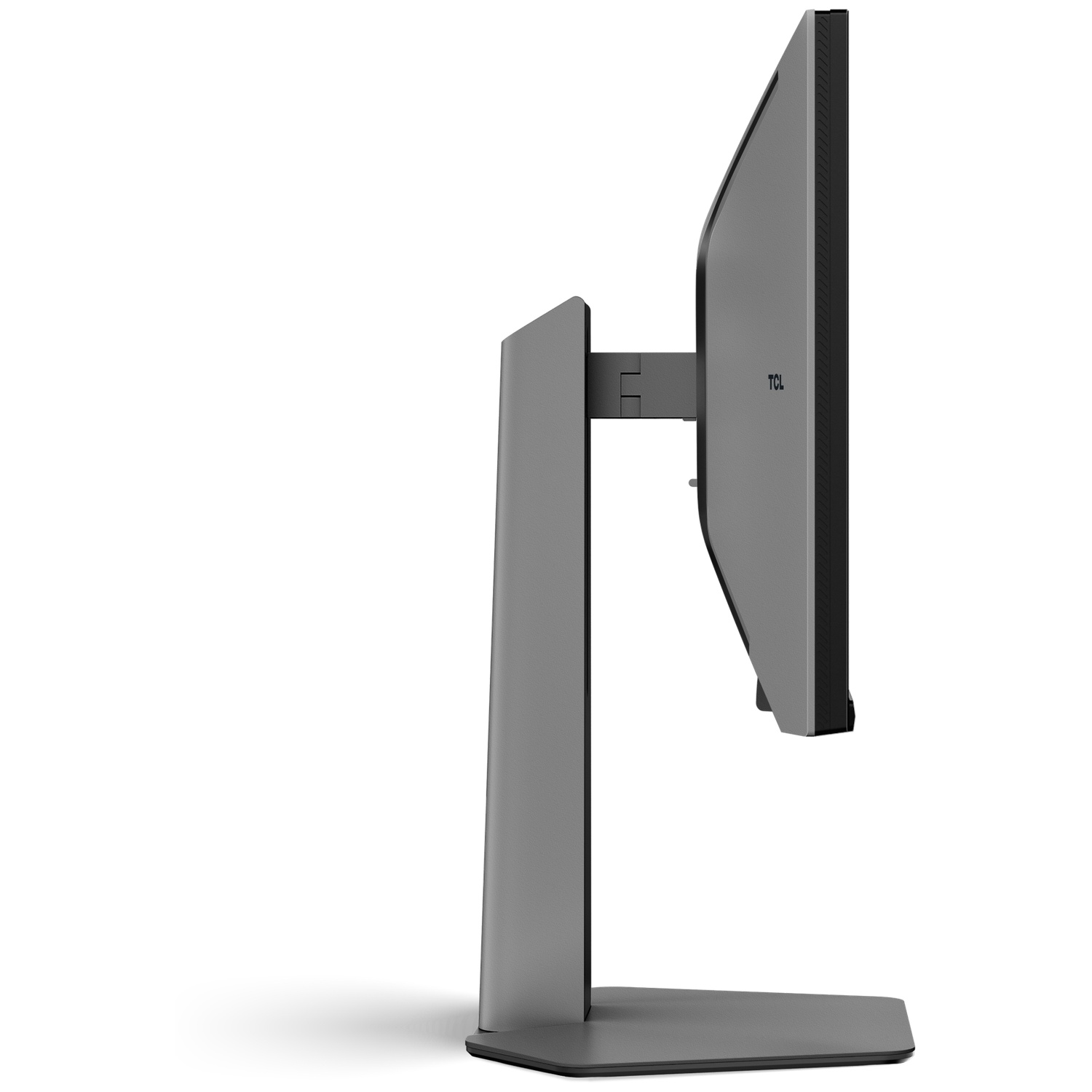 Vue latérale d'un moniteur TCL gris. L'écran est sombre avec un bord noir. Le pied et la base sont également gris.