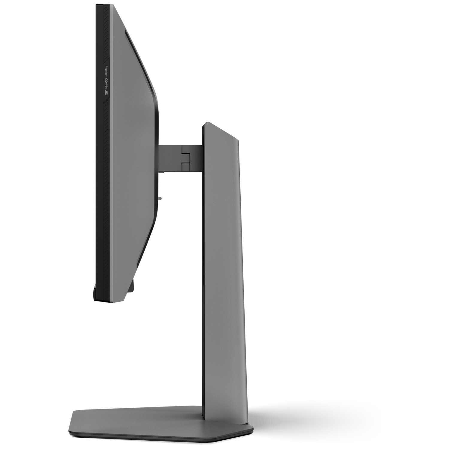 Vue latérale d'un écran d'ordinateur gris avec support sur fond blanc. Le texte "Premium QD-Mini LED" est visible.