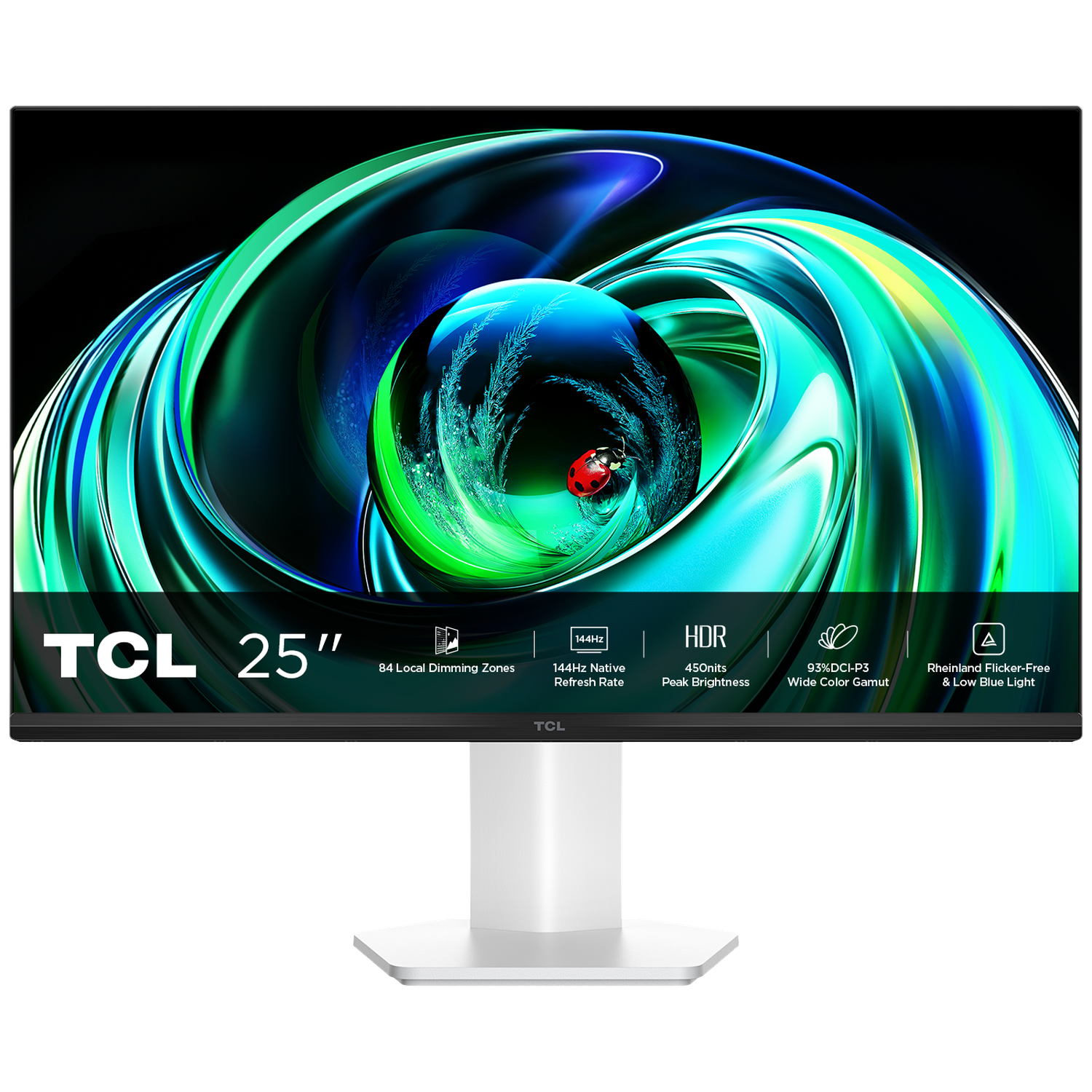 TCL 25" monitor. Toont een abstracte werveling van groen en blauw met een lieveheersbeestje. De monitor heeft een witte standaard.