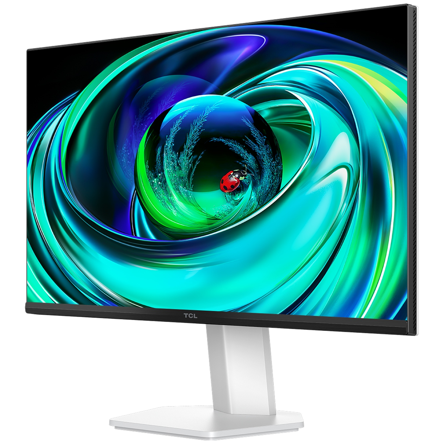TCL-monitor met een abstract draaiend ontwerp met een lieveheersbeestje. De monitor heeft een witte standaard en een zwart frame.