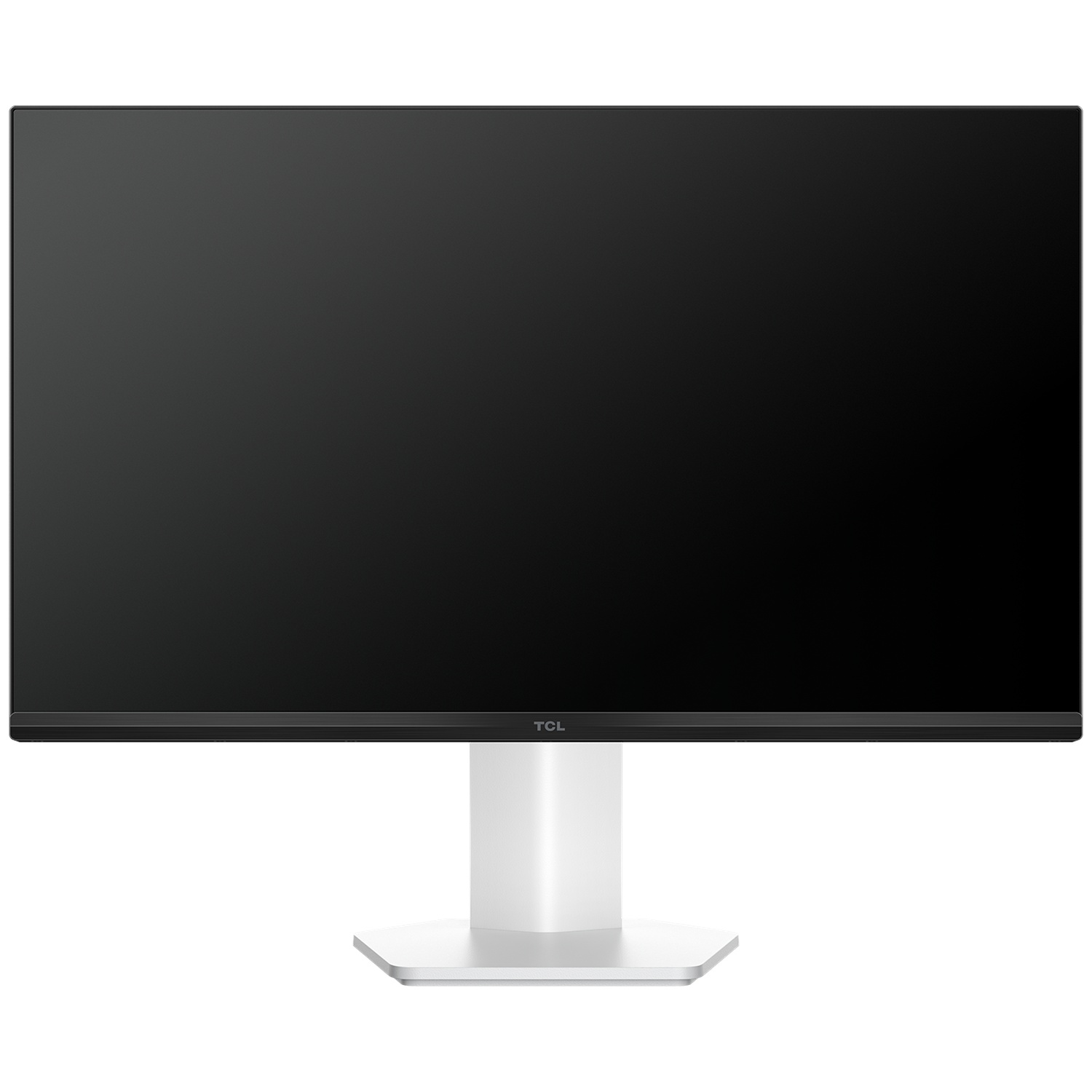 Een computermonitor met een zwart scherm en een witte standaard op een witte achtergrond.