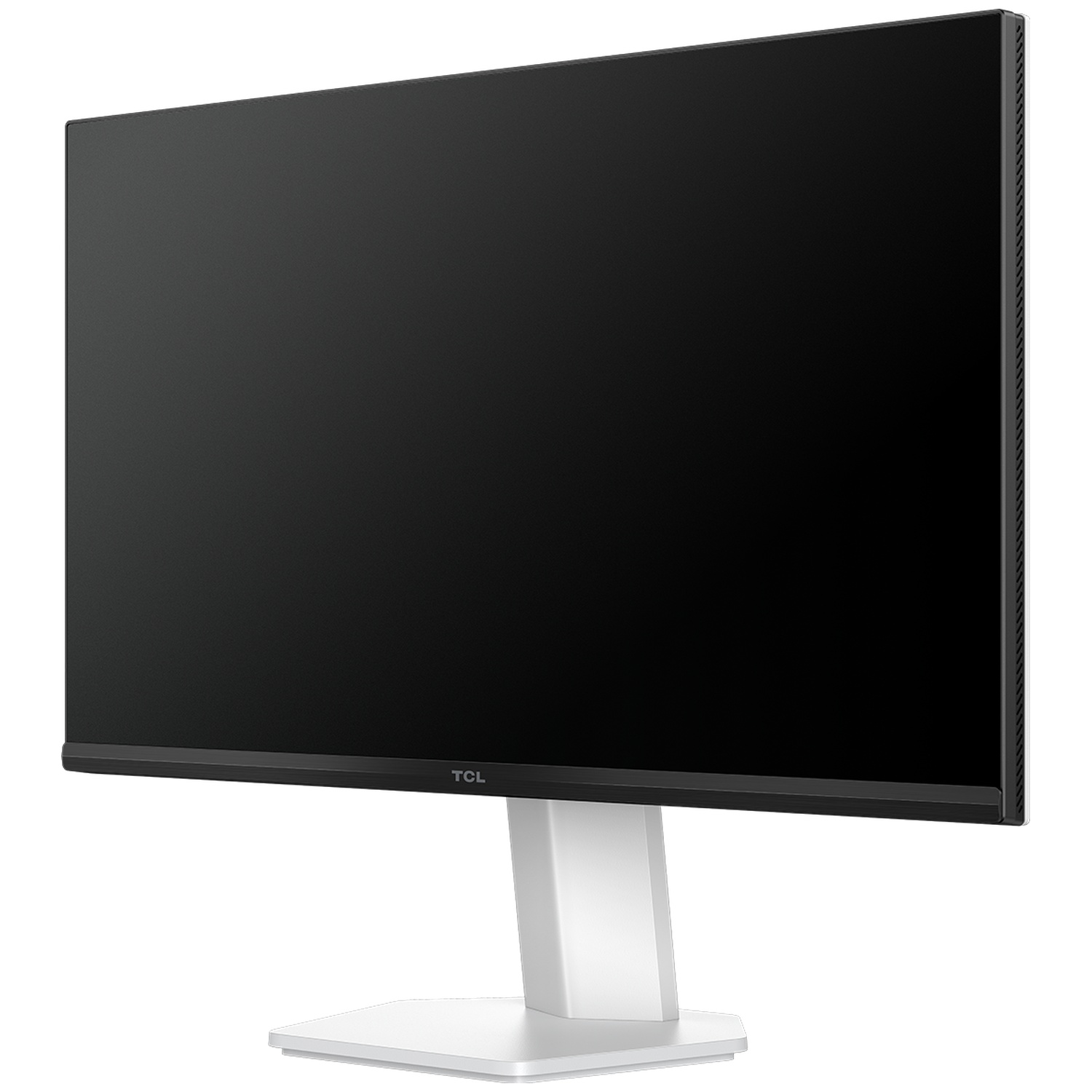 Een TCL computermonitor. Het scherm is zwart, met een witte standaard. Het TCL-logo staat onderaan.