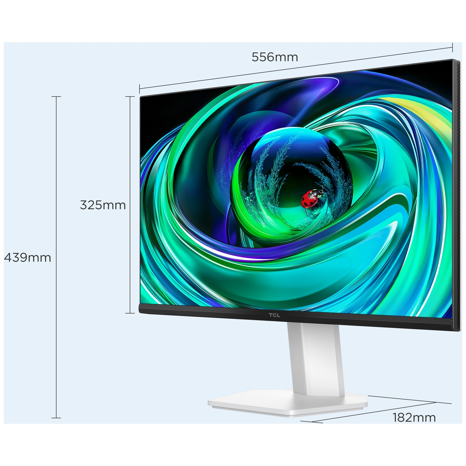 TCL-monitor met een kleurrijk abstract display. Afmetingen: 556 mm breed, 325 mm hoog. Witte standaard en lichtblauwe achtergrond.