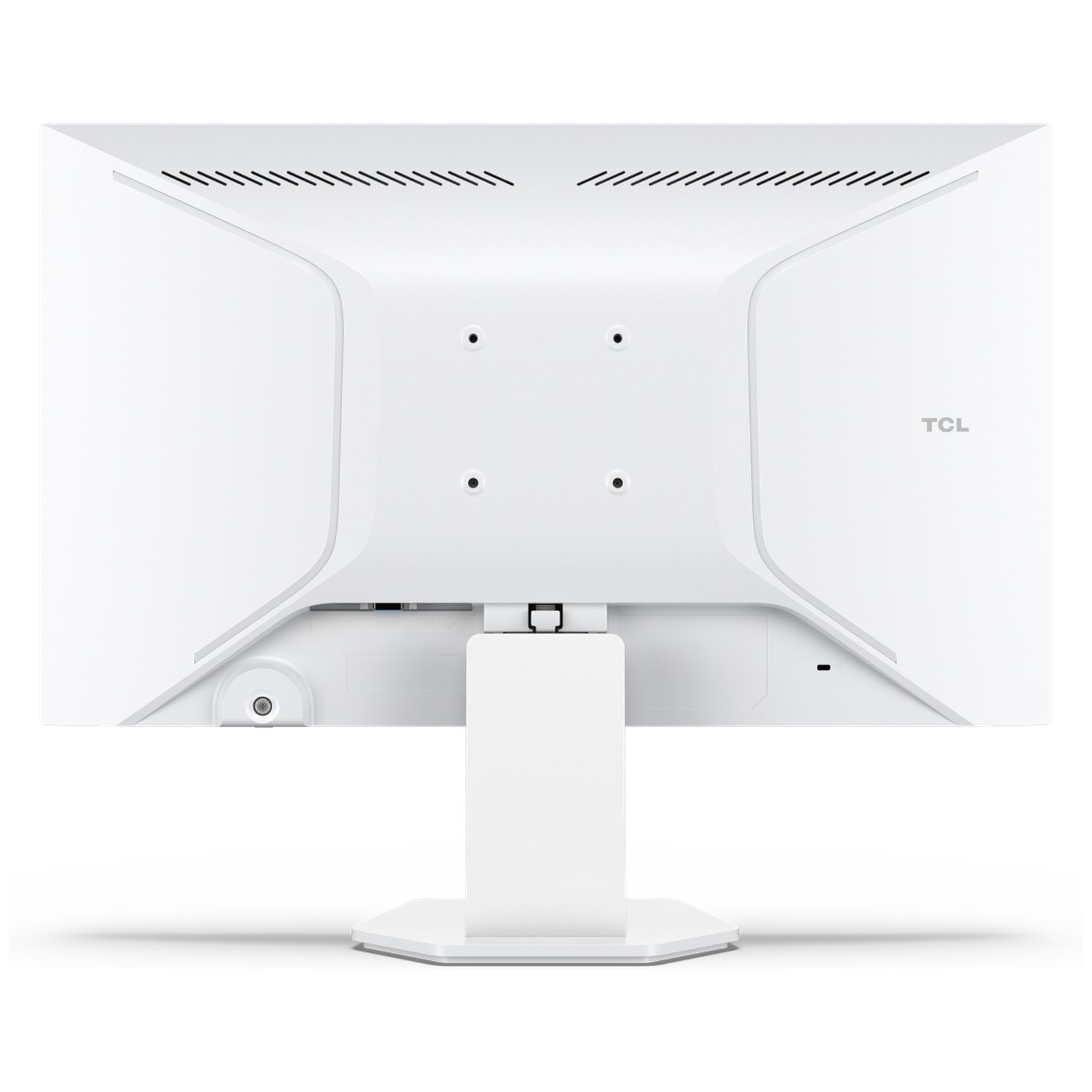 The back of a white computer monitor. It has a stand, vents, and the TCL logo. The monitor is on a white surface.