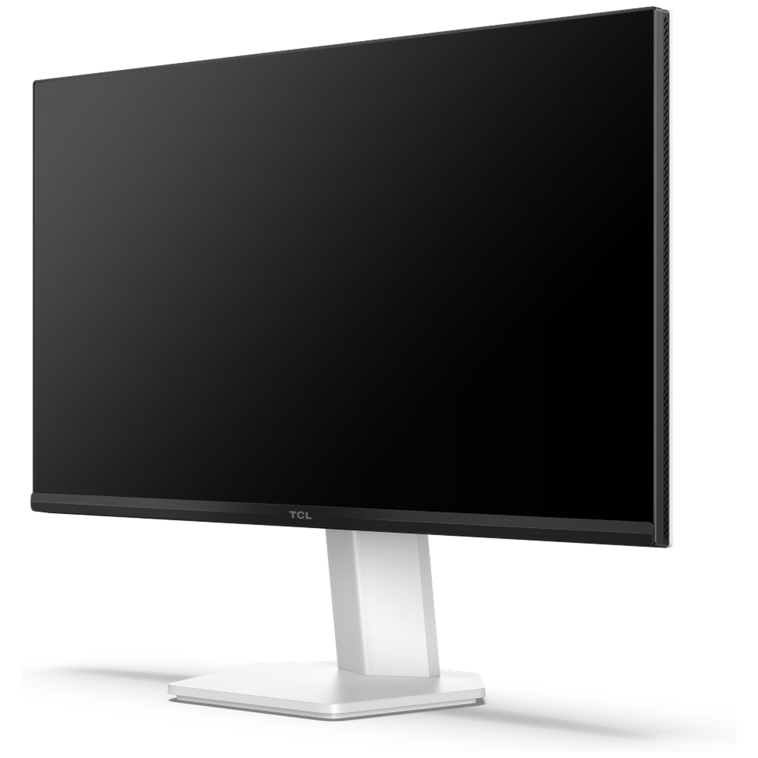 A black TCL monitor with a white stand on a white background. The screen is off. The brand name is visible on the bottom.
