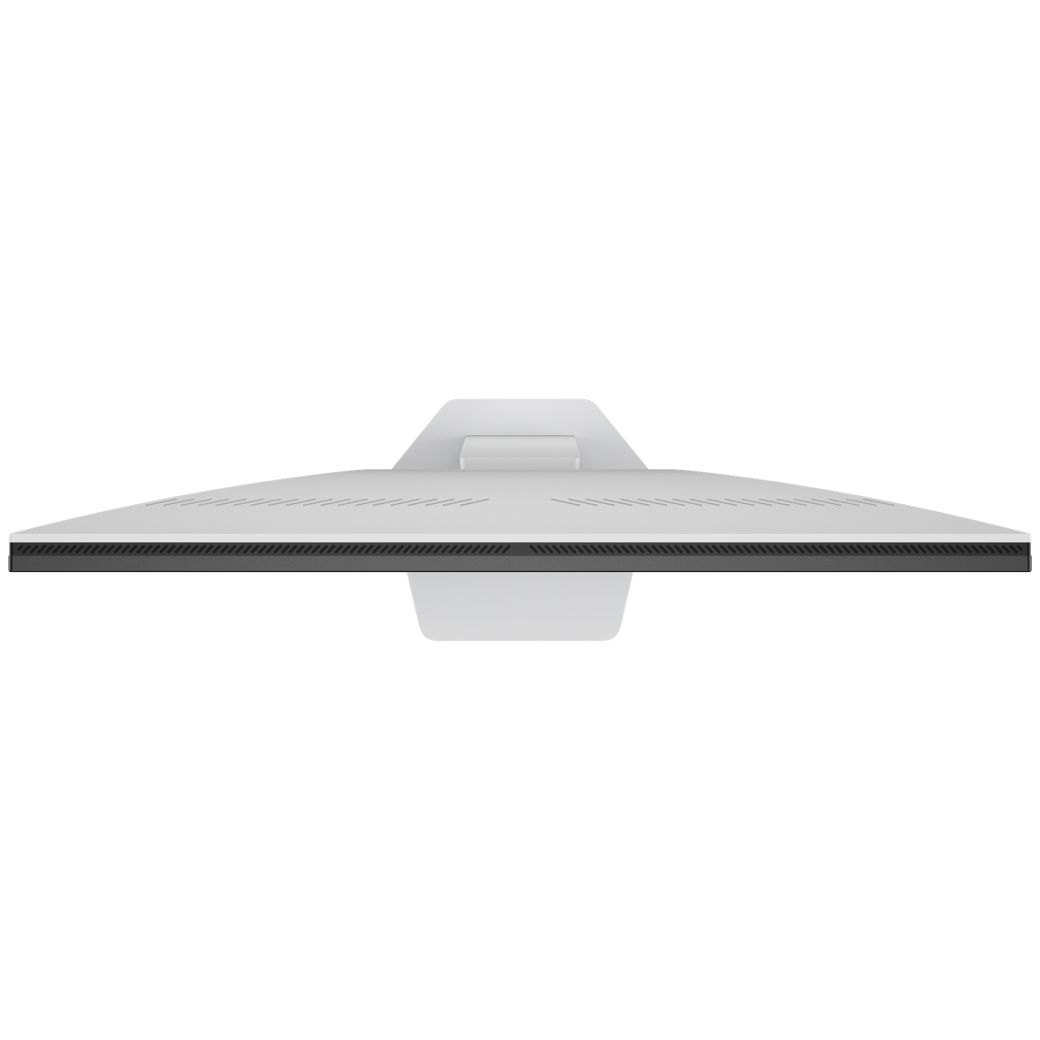 Overhead view of a white computer monitor with a black bezel. The monitor is on a white background.