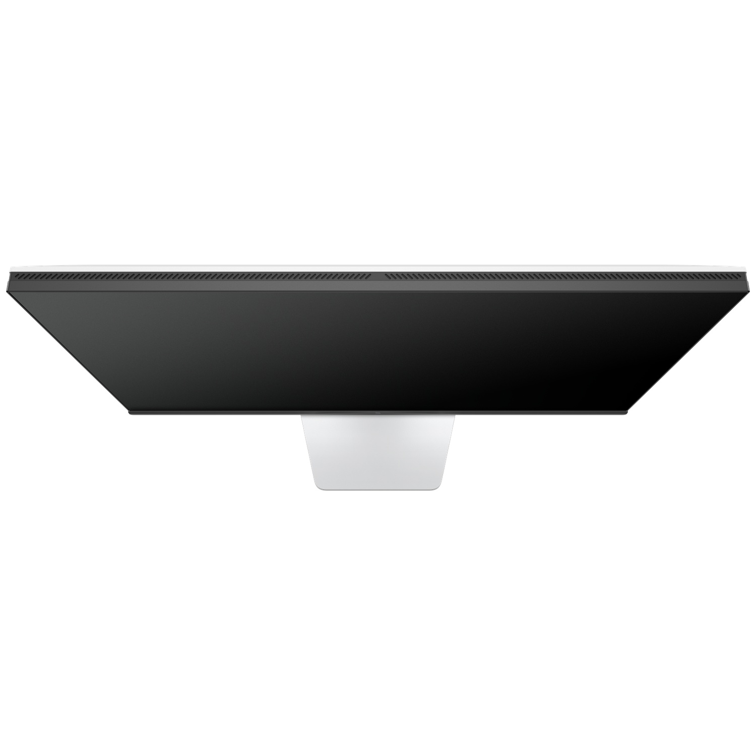 Top-down view of a computer monitor. It has a black screen and a white stand. The frame is black with a white top.