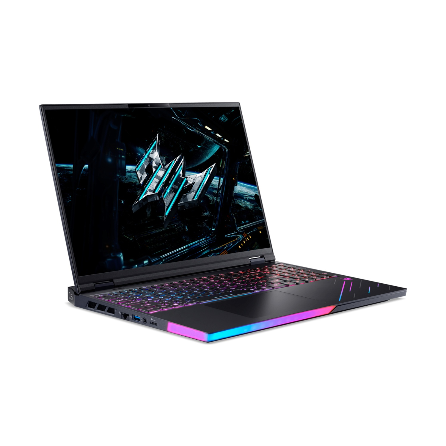 Un laptop nero con tastiera colorata e schermo con immagine futuristica. Il laptop è su sfondo bianco.