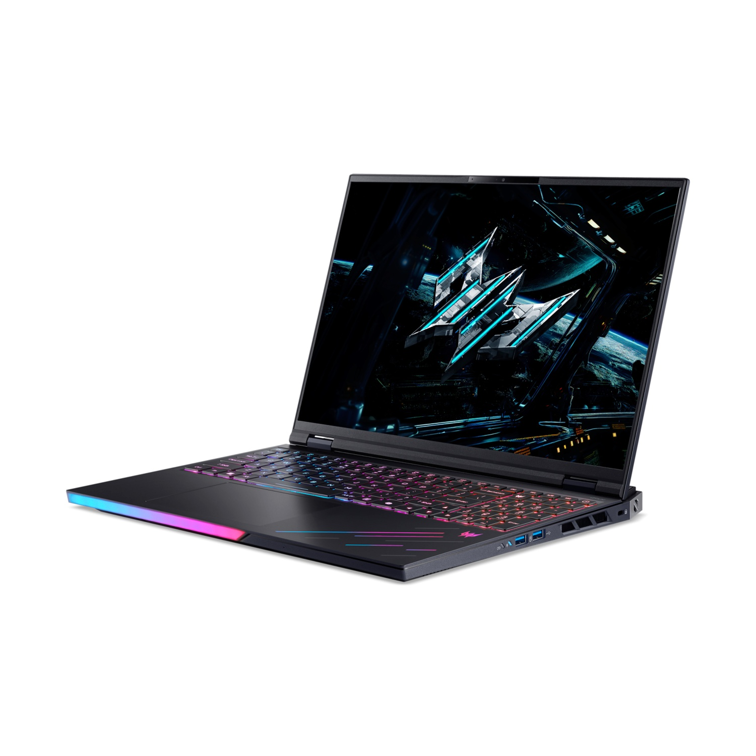 Laptop nero con tastiera colorata e schermo che mostra un logo. Il laptop è angolato, mostrando il suo lato e il display aperto.