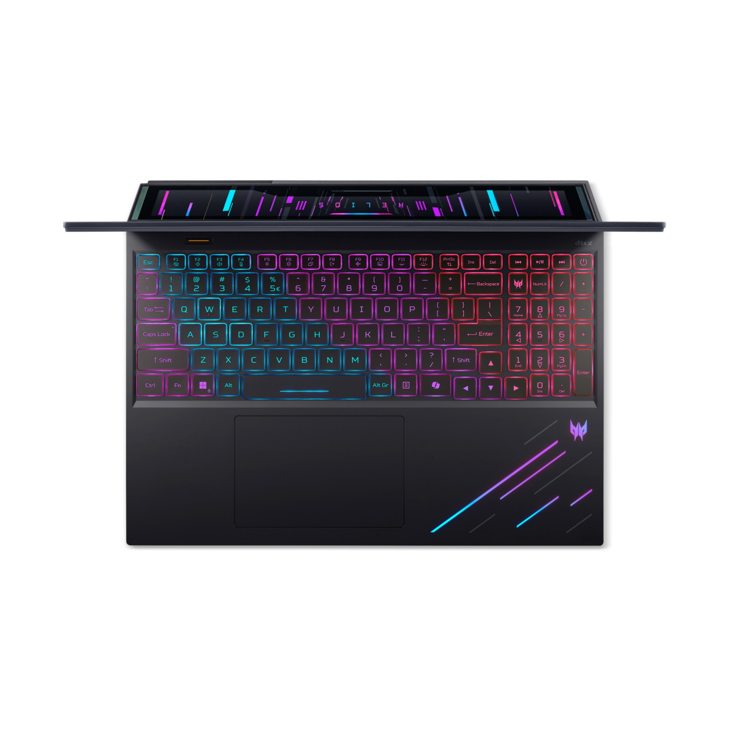 Vista dall'alto di un laptop nero con tastiera retroilluminata. I tasti sono illuminati con vari colori. Lo schermo è aperto.