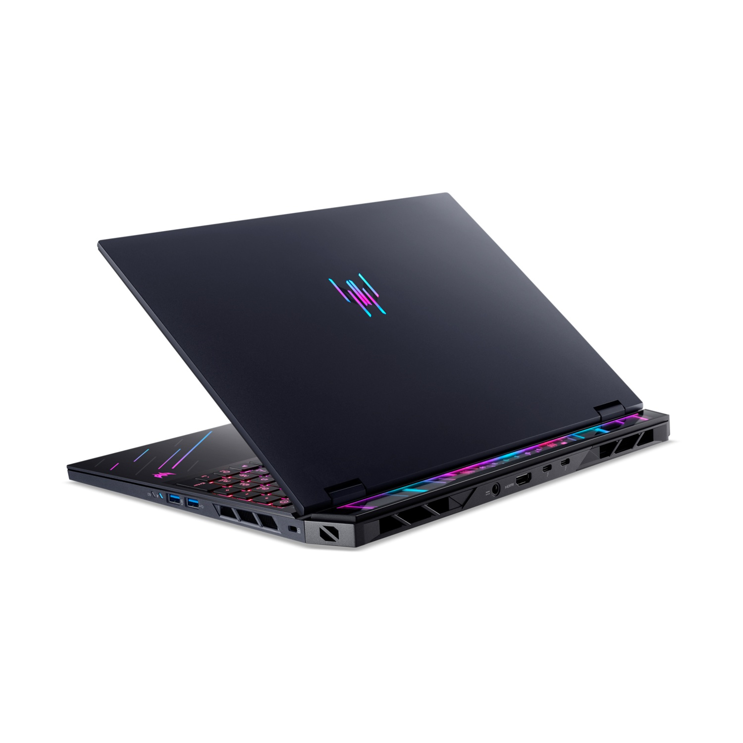 Un laptop nero con tastiera e logo colorati. Lo schermo è leggermente aperto, mostrando la tastiera. Lo sfondo è bianco.