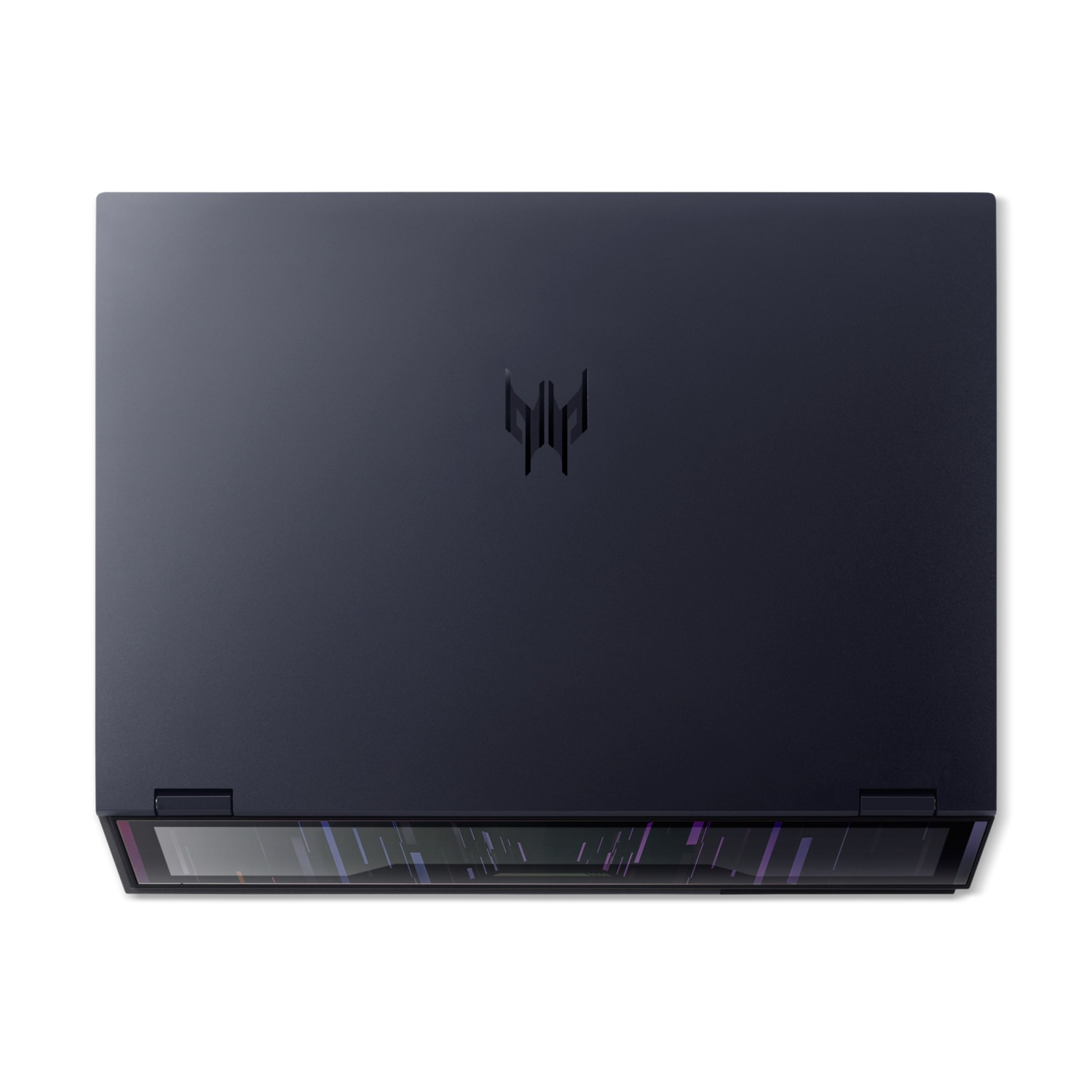 Laptop blu scuro su sfondo bianco. Il laptop è chiuso, con logo sopra e schermo sotto.