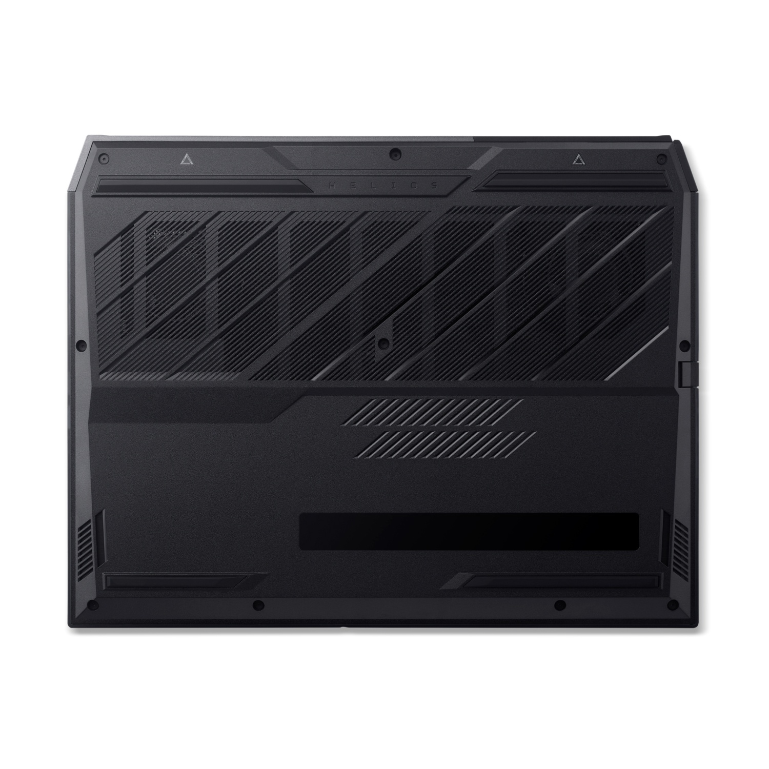 Base nera per laptop con prese d'aria e scritta 'HELIOS'. Superficie con motivi strutturati e design geometrici, su sfondo bianco.