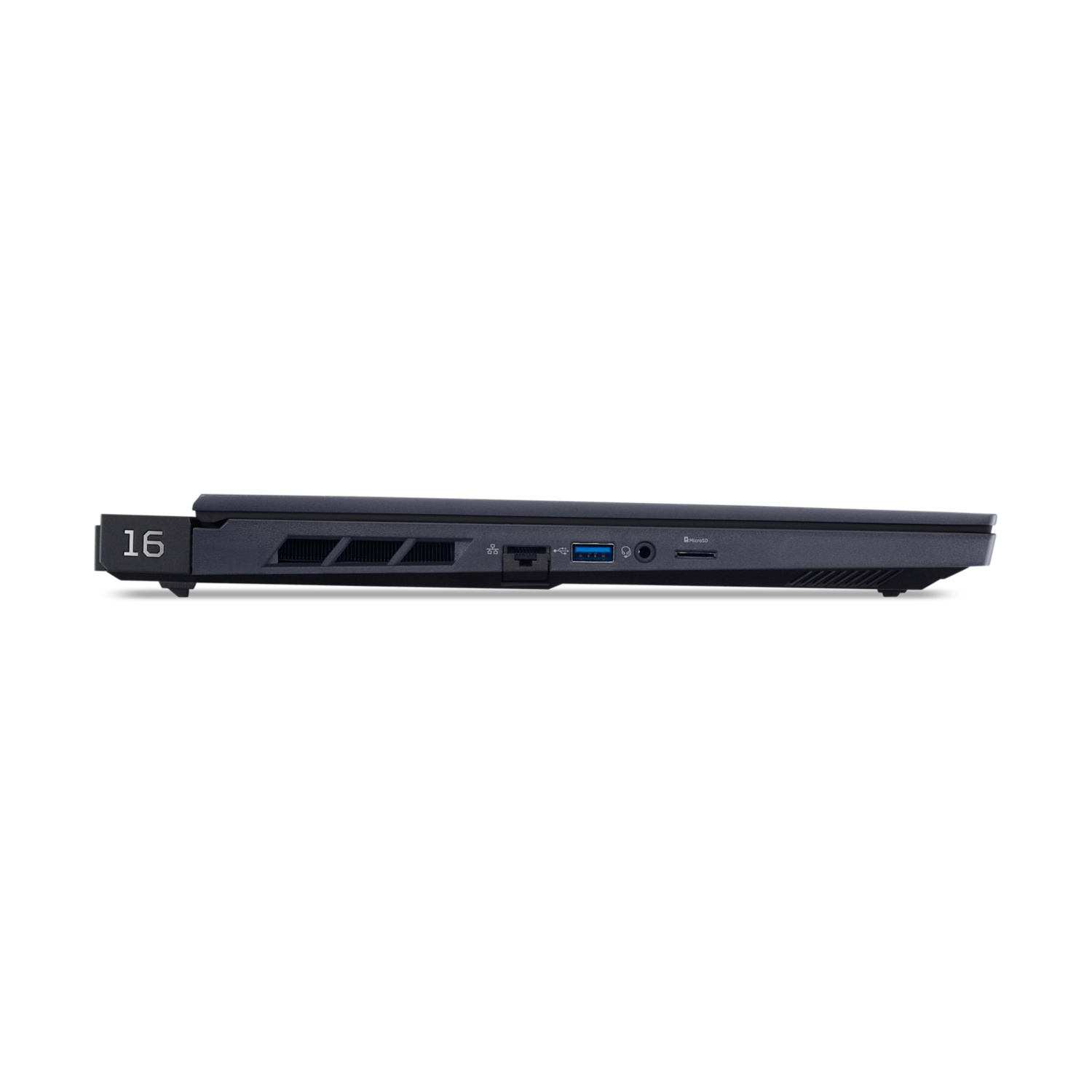 Vista laterale di un laptop nero. Il numero 16 è a sinistra. Sono visibili porte come USB, audio e slot per schede SD.