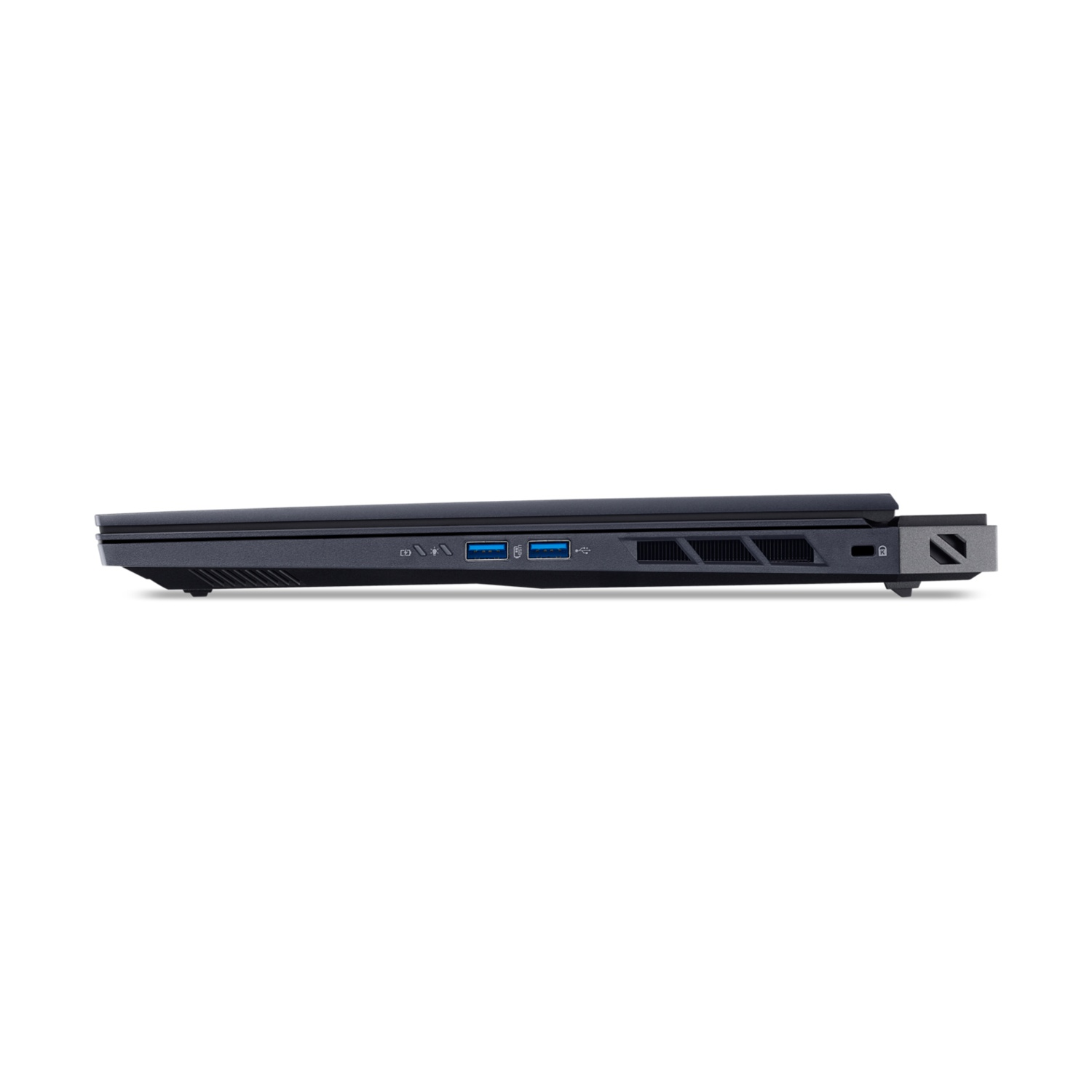 Vista laterale di un laptop nero. Le porte includono USB, HDMI e alimentazione. Il laptop è su sfondo bianco.