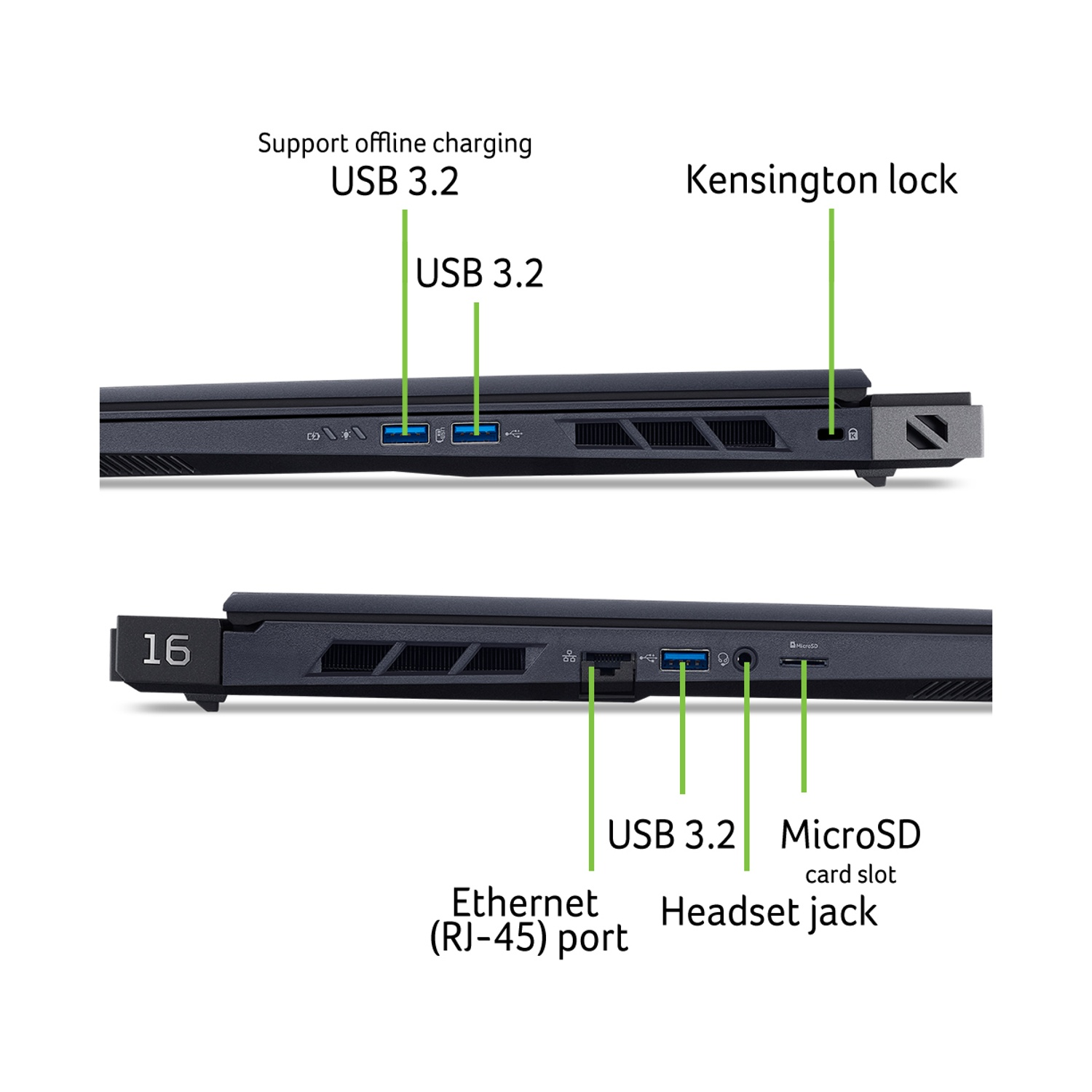 Vista laterale del laptop che mostra le porte: USB 3.2, Ethernet, jack per cuffie, slot per schede MicroSD e blocco Kensington.