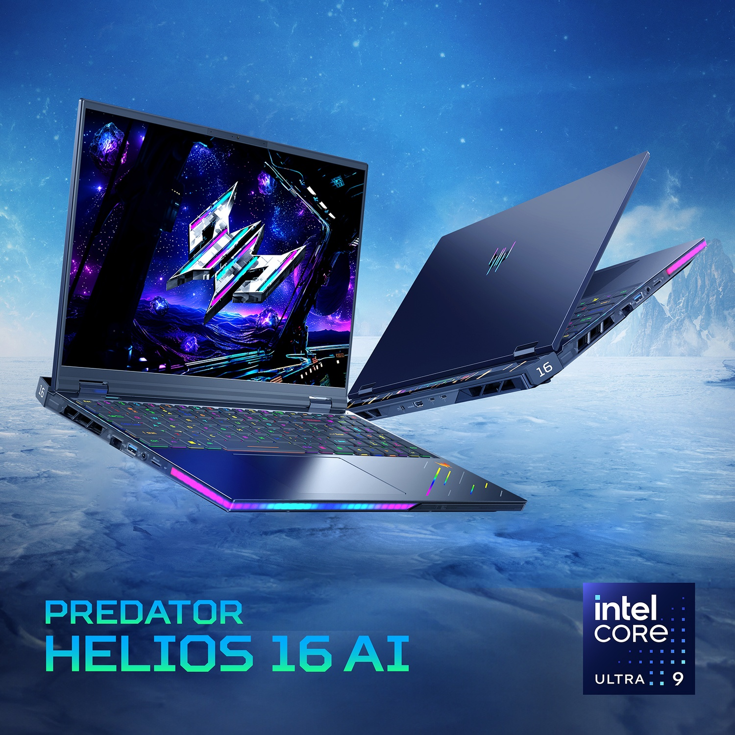 Un laptop Predator Helios 16 AI con schermo vibrante, schema di colori blu e viola e sfondo montuoso ghiacciato.
