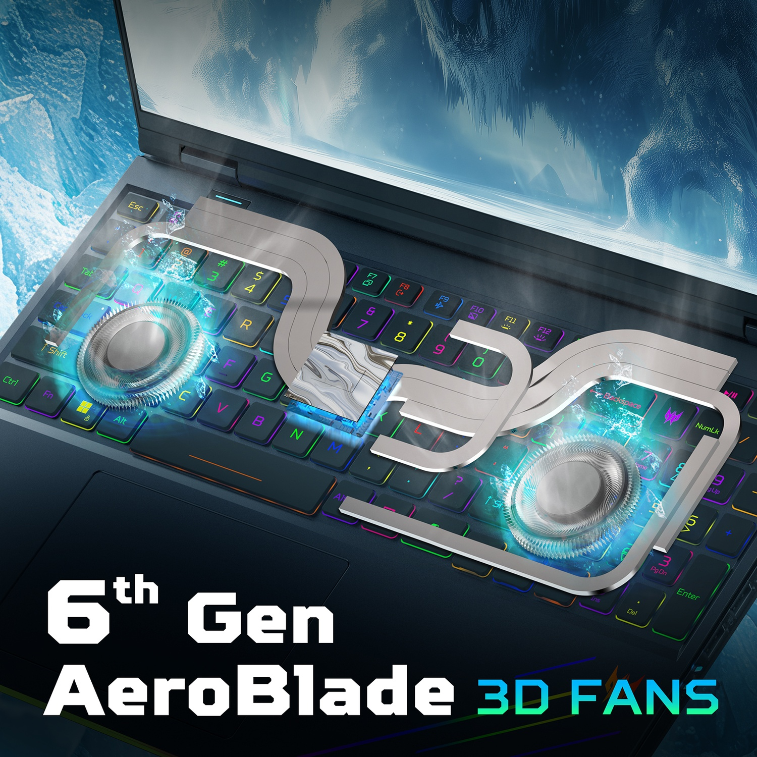 Tastiera per laptop con tasti luminosi e due ventole. Testo: '6th Gen AeroBlade 3D FANS' con uno sfondo di montagne innevate.
