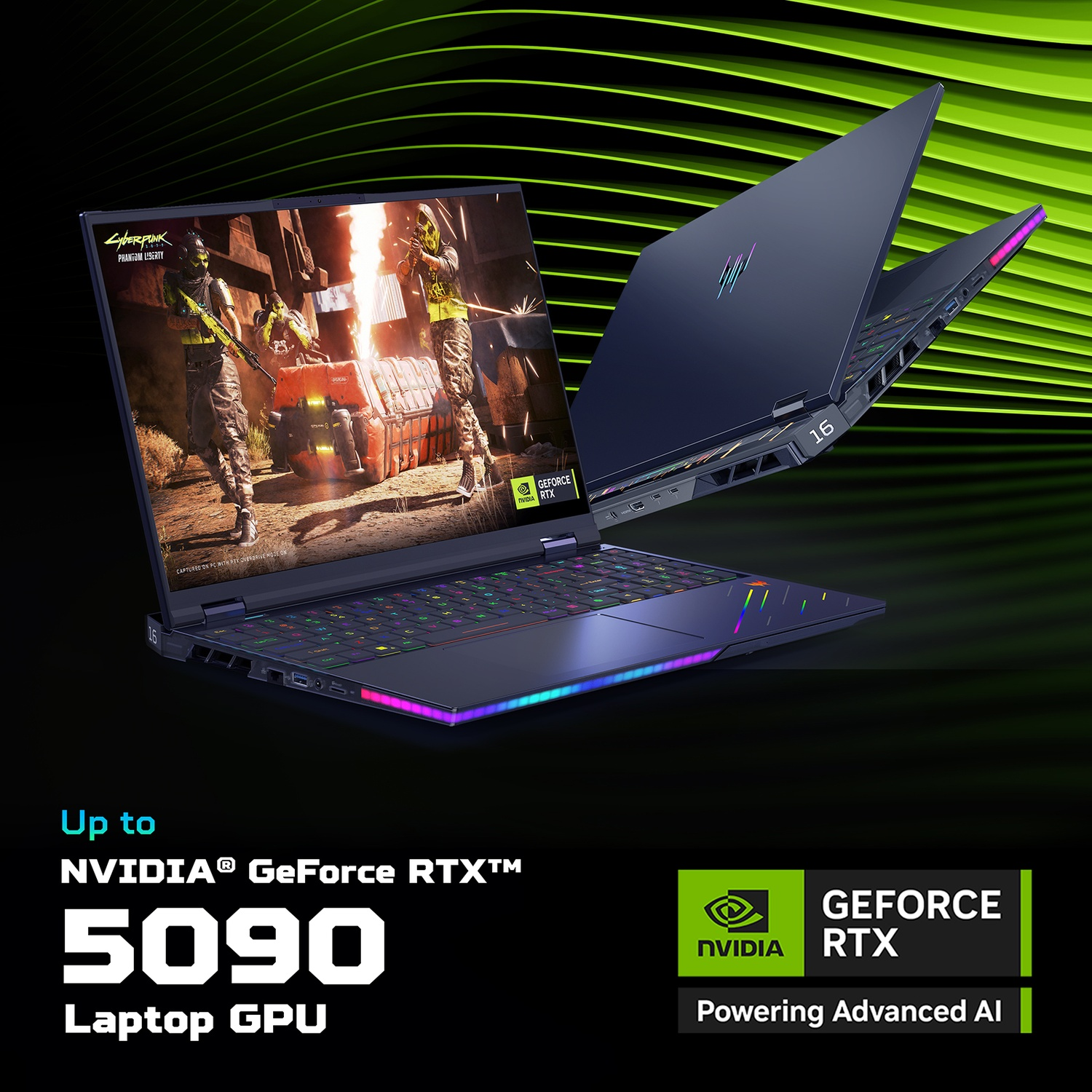 Laptop da gioco con schermo che mostra una scena di gioco.  Nvidia GeForce RTX 5090. Tastiera colorata e accenti luminosi.