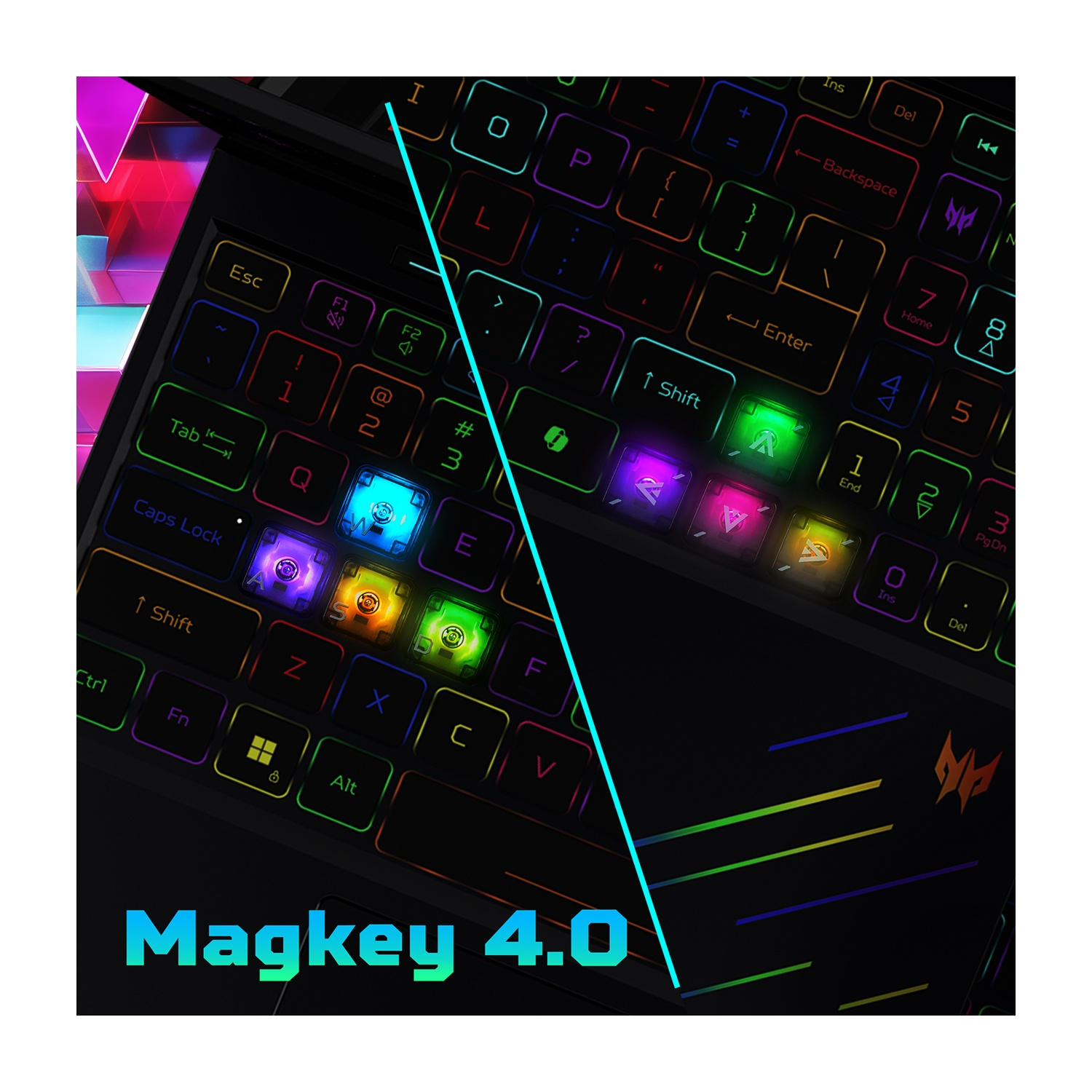 Tastiera per laptop con tasti illuminati. I colori arcobaleno evidenziano i tasti. Il testo "Magkey 4.0" è in basso.