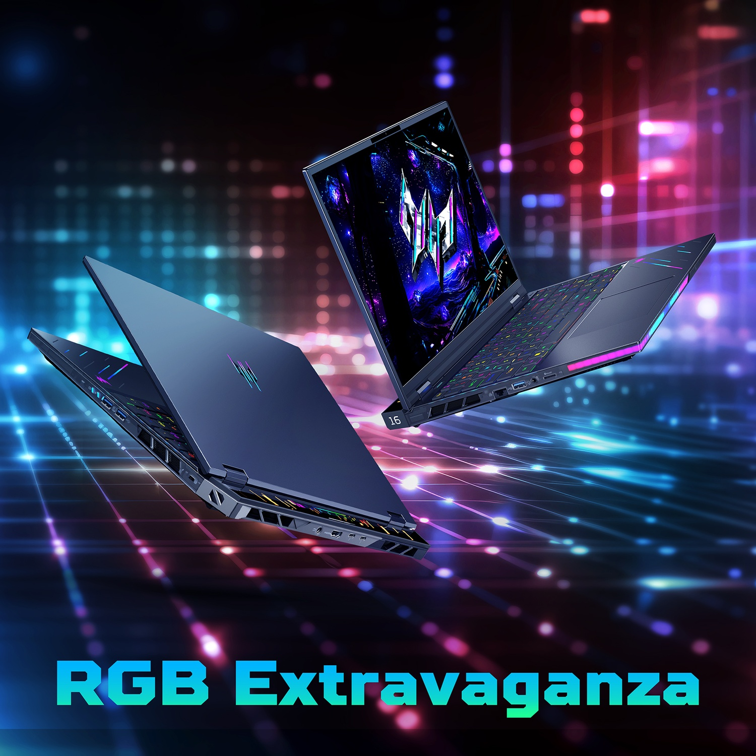 Due laptop da gaming, uno aperto, con tastiera e schermo colorati. Lo sfondo ha luci sfocate con testo RGB Extravaganza.