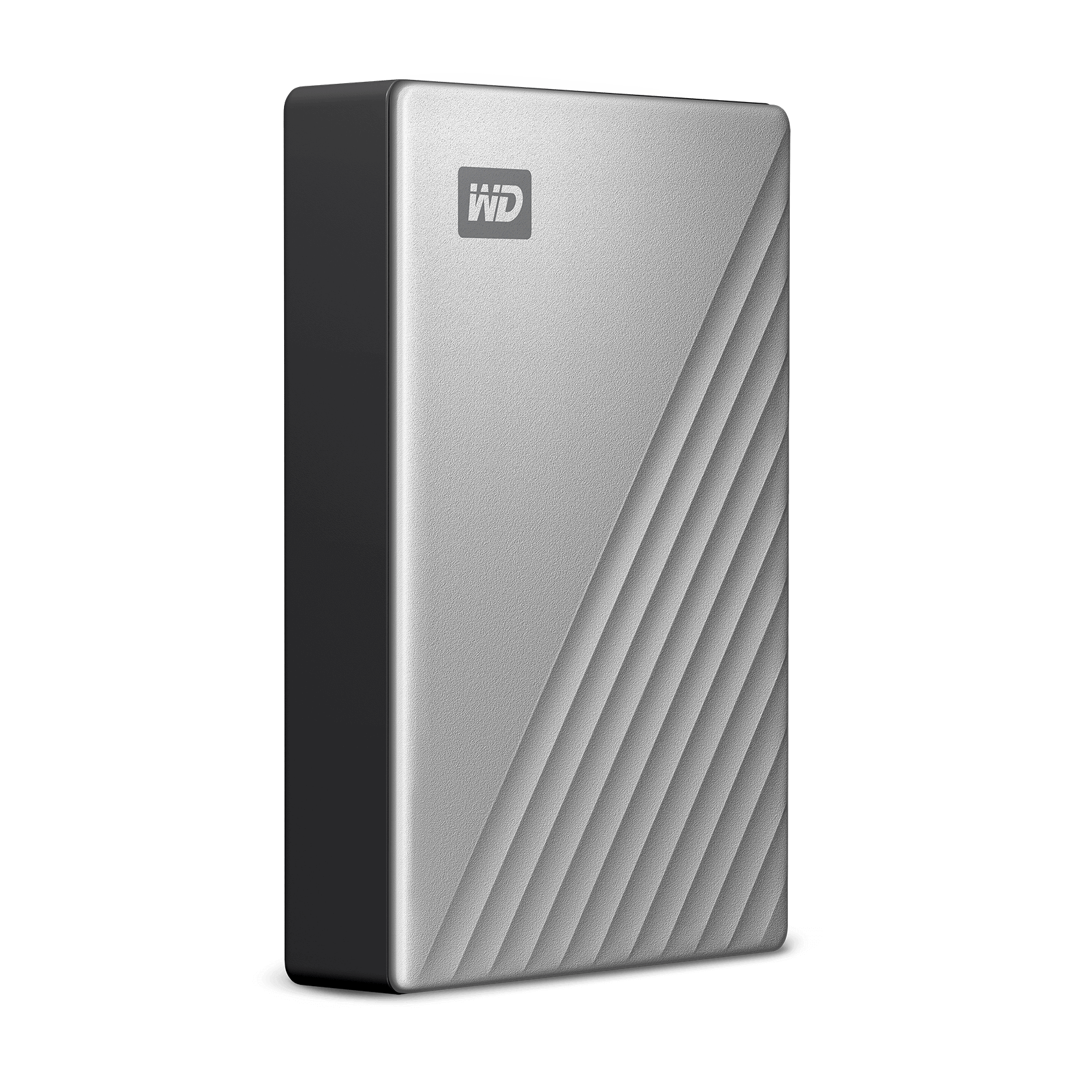 Disque dur externe argenté avec des lignes diagonales sur le devant. Logo WD visible. Fond noir.