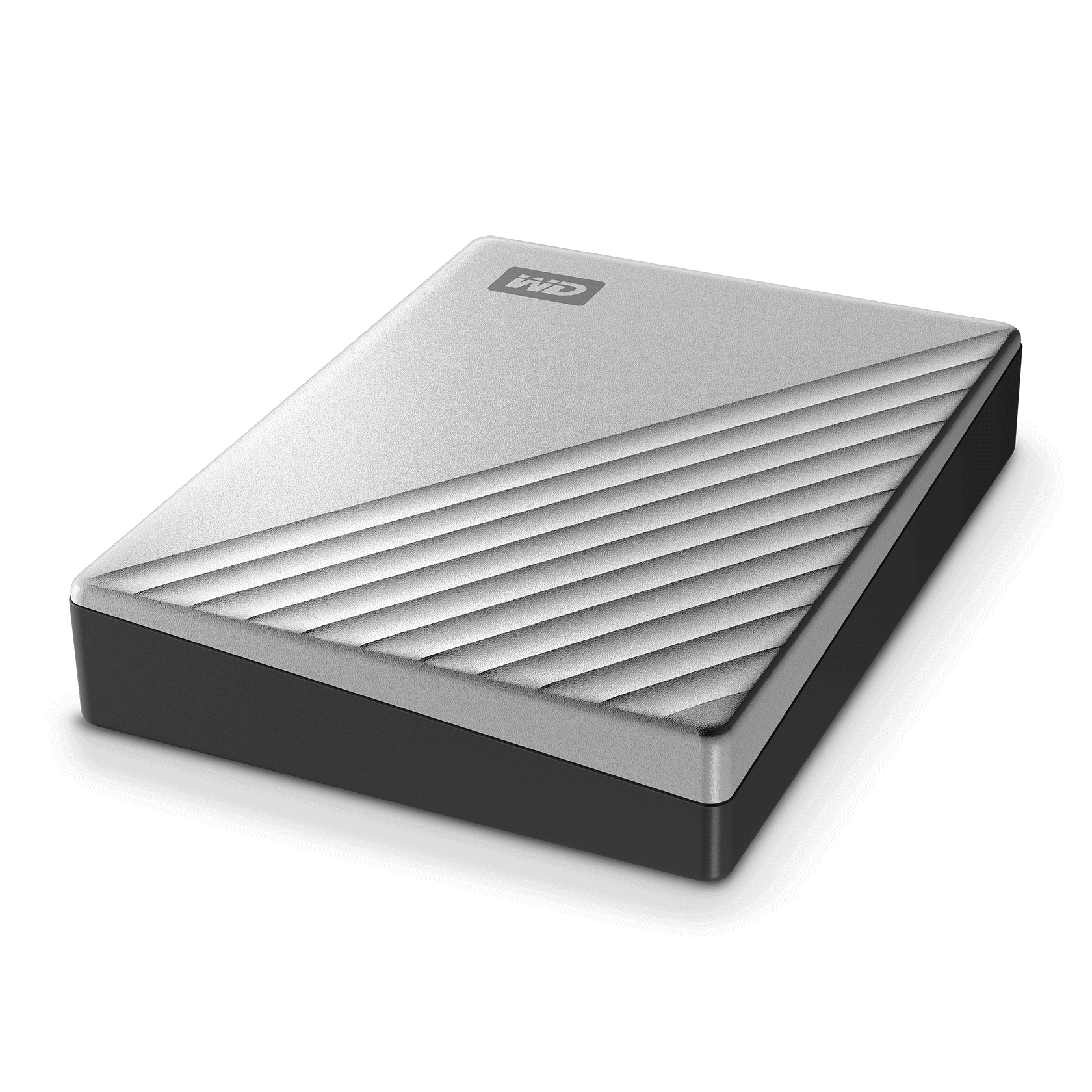 Disque dur externe argenté et noir avec des lignes diagonales sur le dessus. Le logo 'WD' est visible. Le fond est noir.