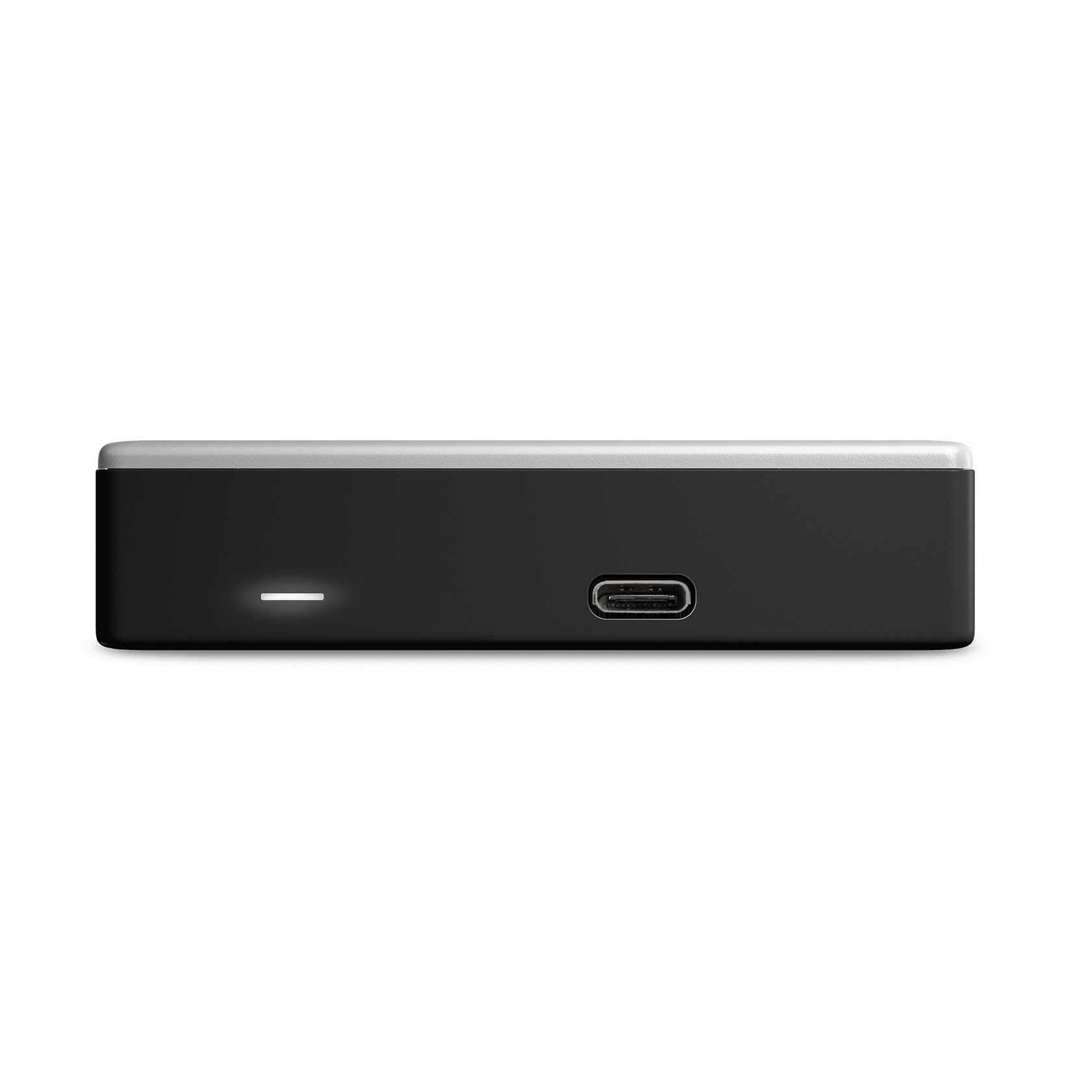 Un appareil rectangulaire noir avec un bord supérieur blanc et un port USB-C. Une lumière blanche est allumée.
