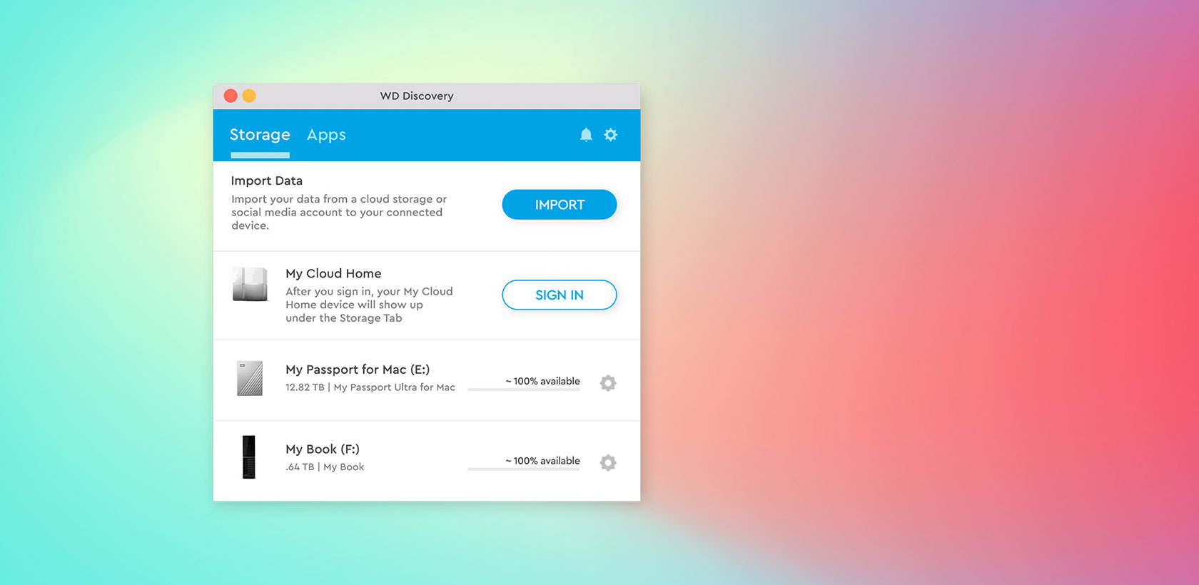 Interface de l'application WD Discovery. Affiche les options de stockage avec les boutons d'importation de données et de connexion.