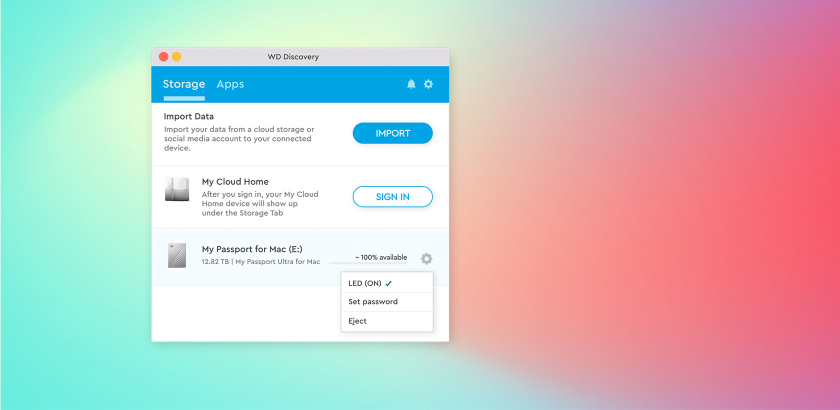 Interface de l'application WD Discovery. Options : importer des données, se connecter et paramètres du disque dur.