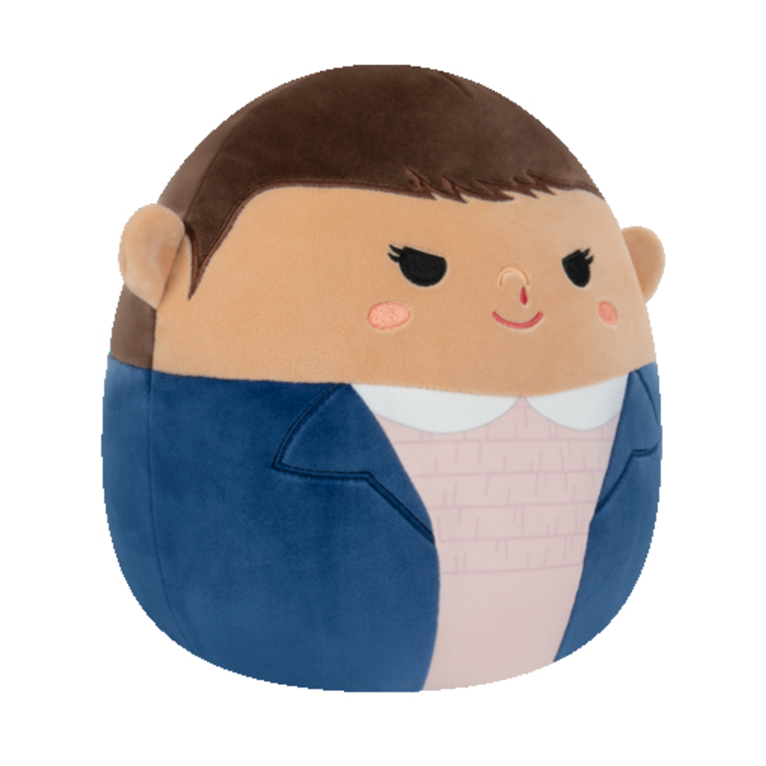 Un peluche di Undici di Stranger Things. È rotondo con capelli castani, viso rosa, giacca blu e camicia rosa.