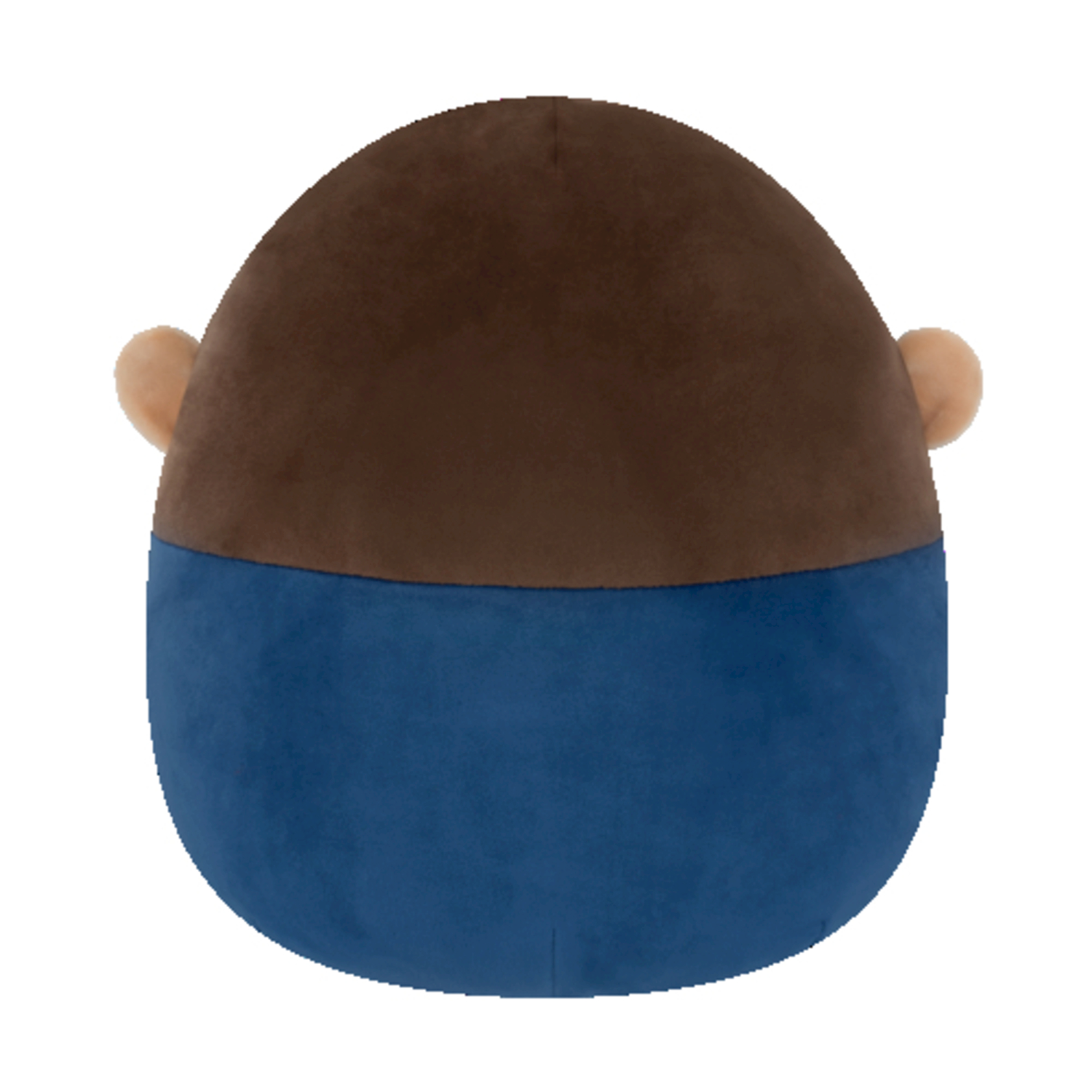 Un peluche a forma di testa. Ha una parte superiore marrone e una inferiore blu con due piccole orecchie marroni. 