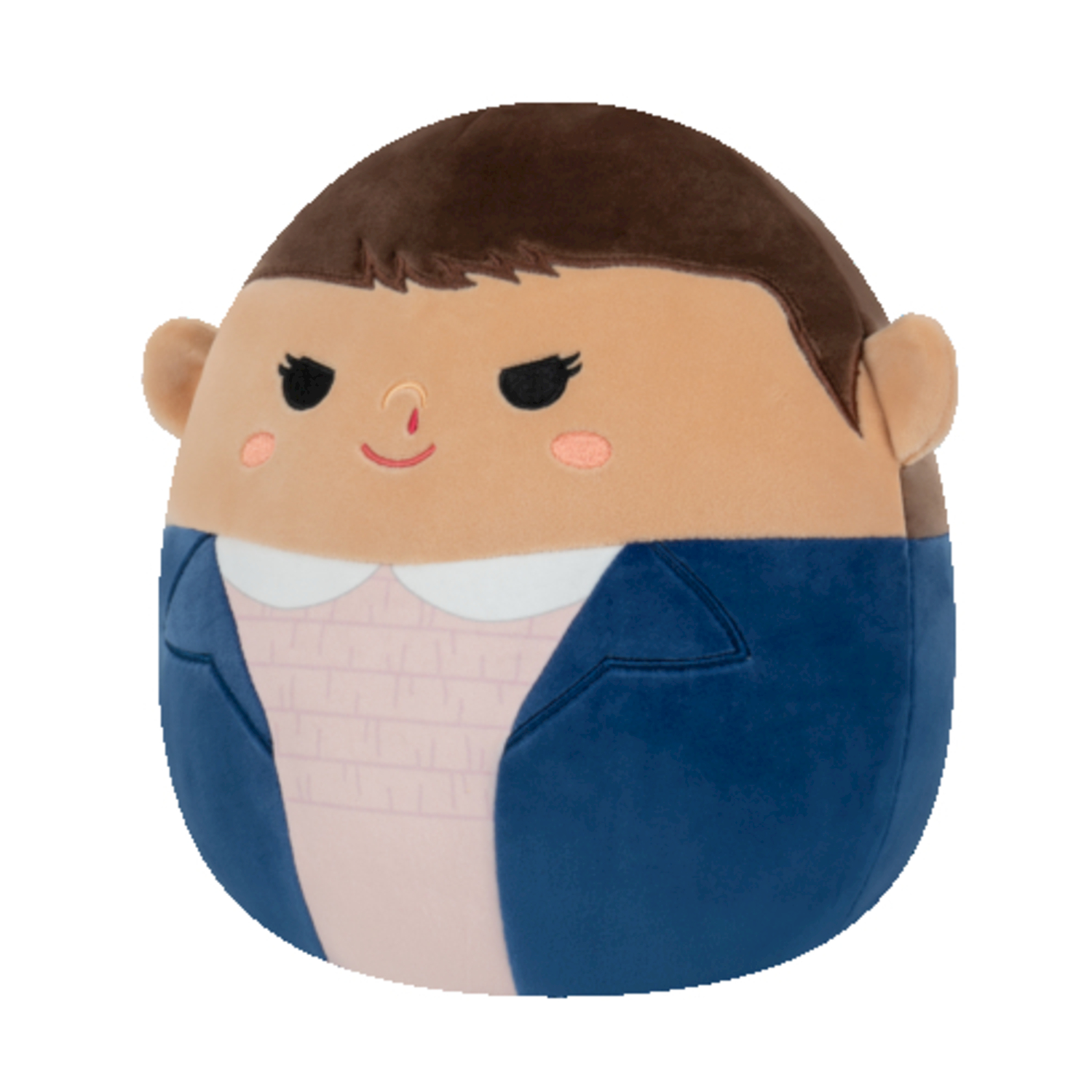 Un peluche a forma di personaggio di Stranger Things. Ha capelli castani, una giacca blu e una camicia rosa. Gli occhi sono chiusi.