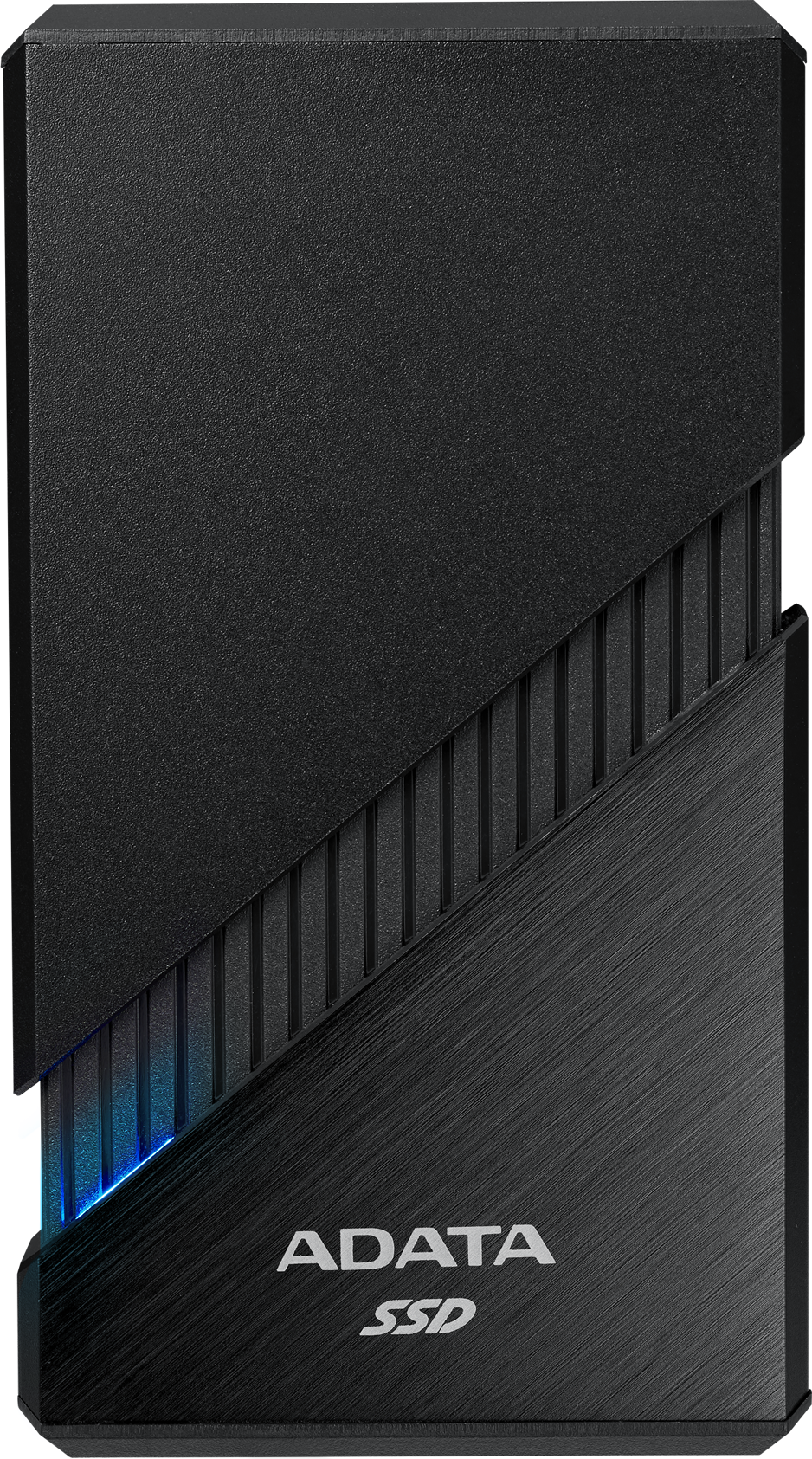 SSD ADATA nero con superfici strutturate, design a scanalature diagonali, luce blu e logo ADATA SSD.