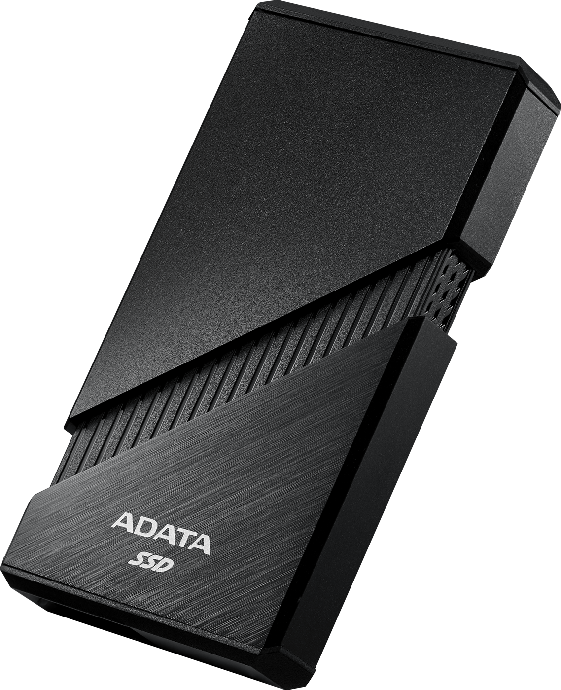 Vista angolata di un SSD ADATA nero. La parte superiore è una superficie nera liscia, il frontale ha il logo ADATA e la scritta SSD.
