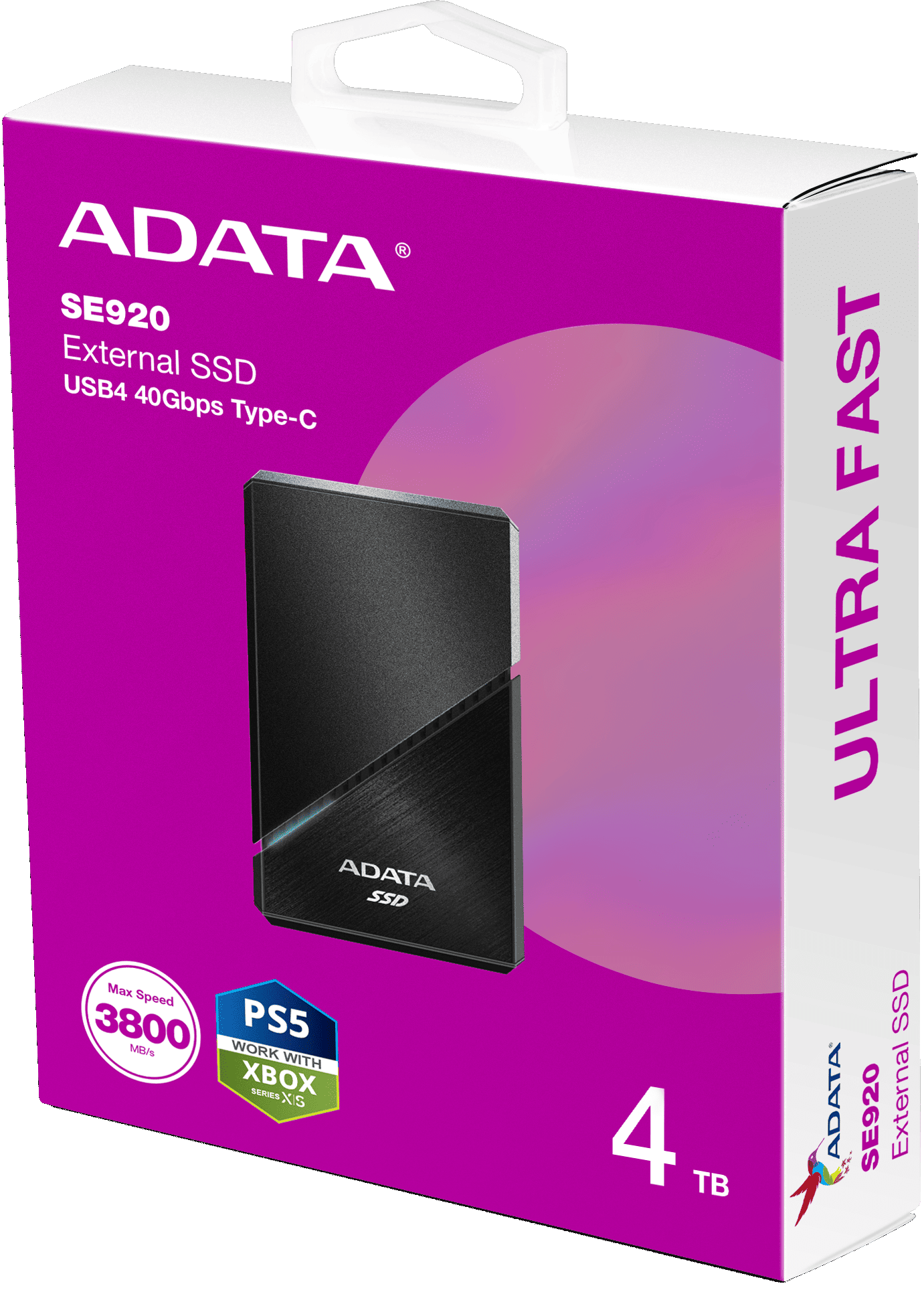 Scatola SSD esterno ADATA SE920. Caratteristiche: 'Ultra Fast', 4TB, compatibile con PS5 e Xbox, e USB4 40Gbps Type-C.
