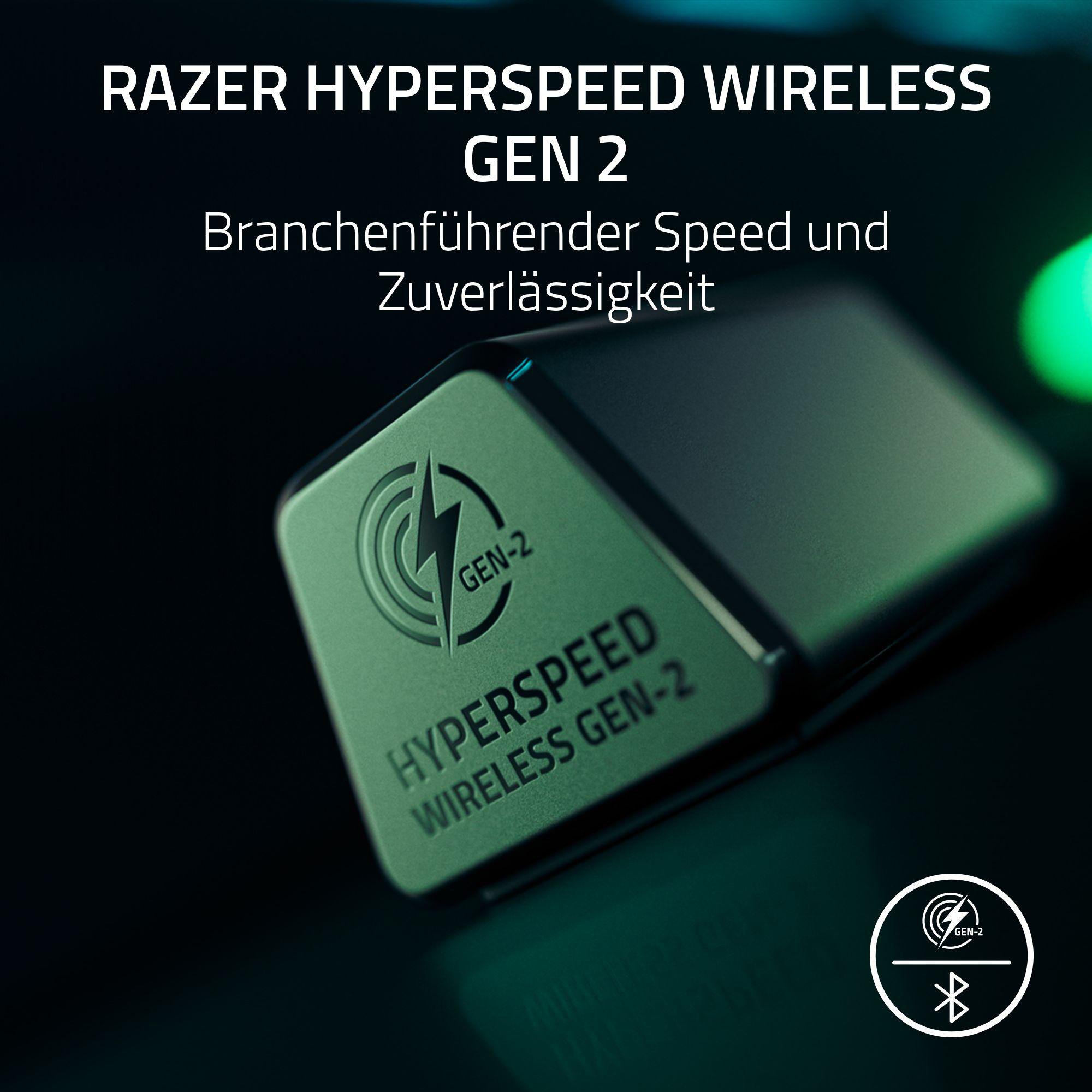 Das Bild zeigt ein Razer Hyperspeed Wireless Gen 2 Gerät. Grüne Details mit weißem Text, Blitzlogo und Bluetooth-Symbol.