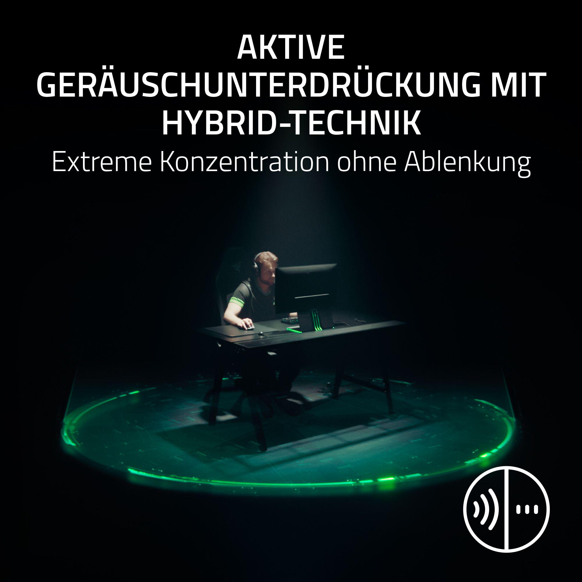Ein Mann mit Kopfhörern sitzt an einem Schreibtisch mit einem Computer. Grüne Lichter umgeben den Schreibtisch.