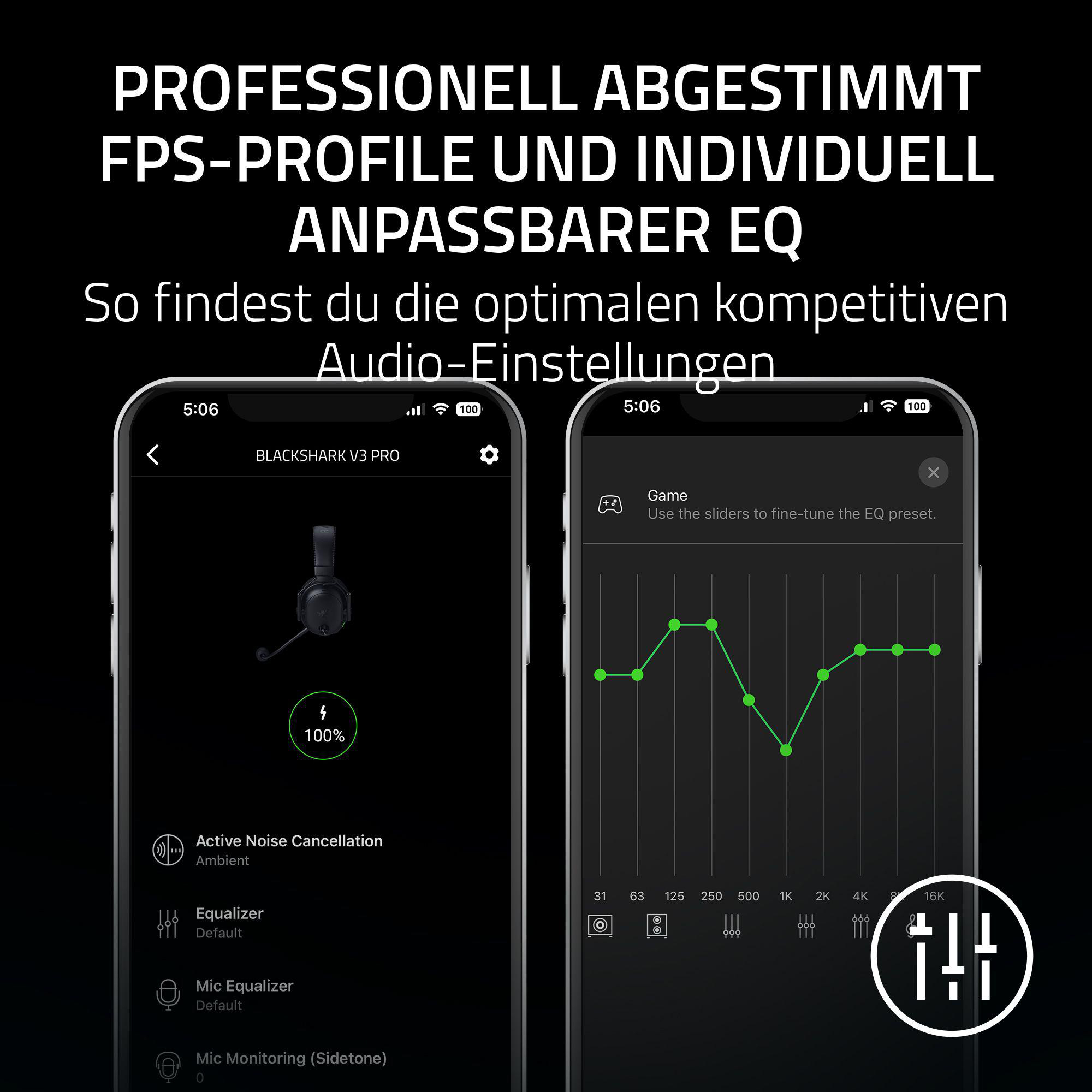 Das Bild zeigt Telefonbildschirme mit Audioeinstellungen, Text und einem Gaming-Headset.