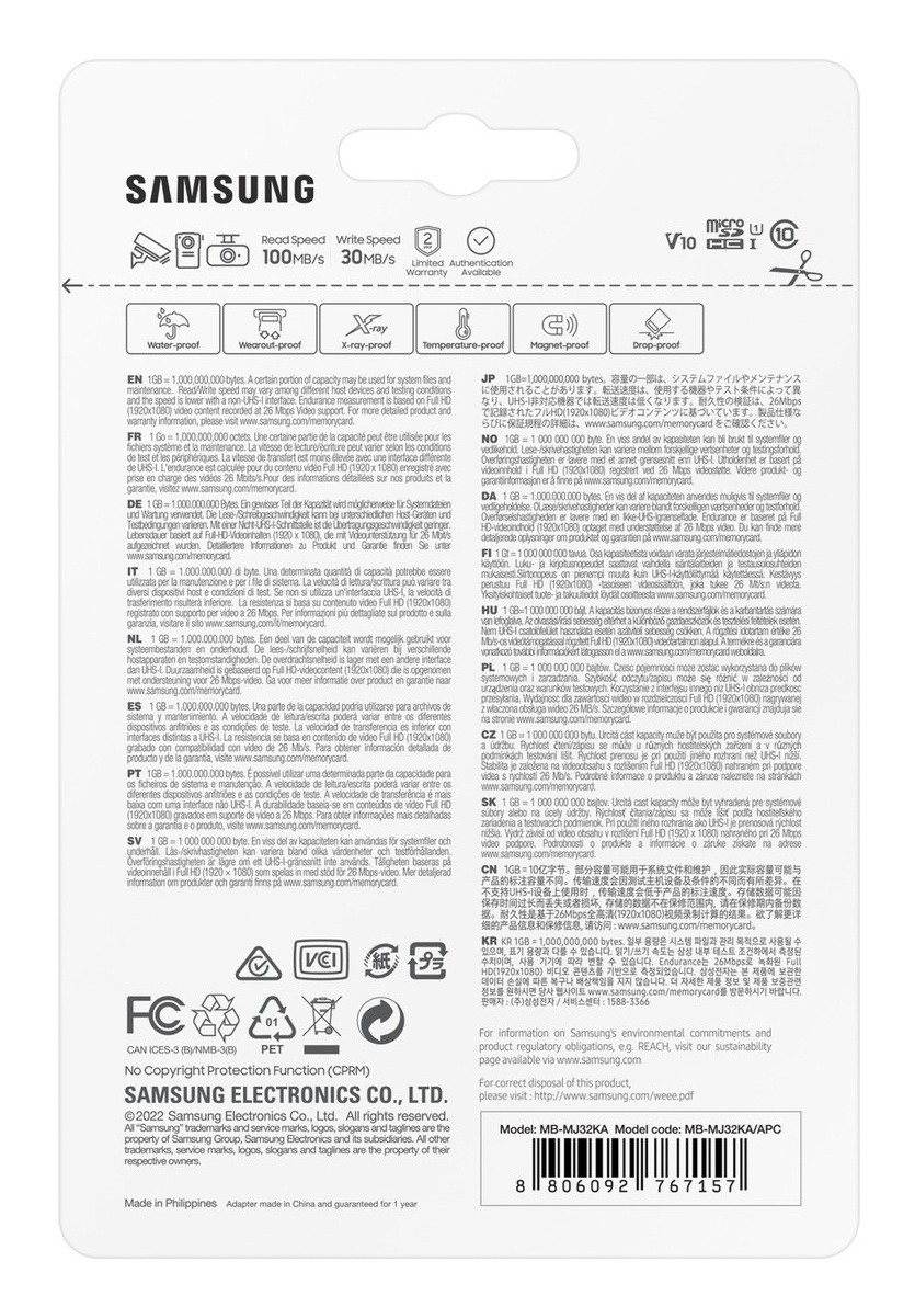 Opakowanie karty pamięci Samsung. Wyświetla szczegóły produktu i specyfikacje. Karta jest biało-czarna.