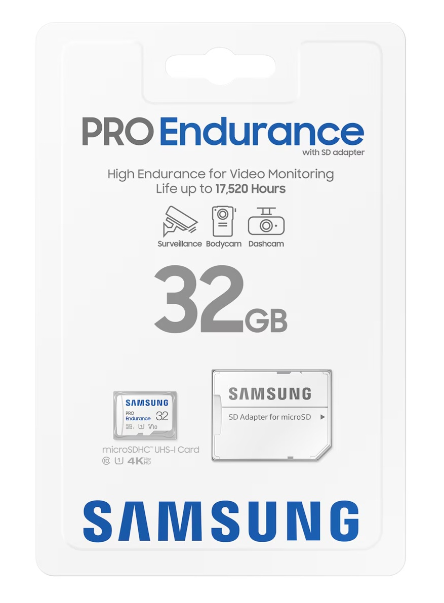 Opakowanie karty SD Samsung Pro Endurance. Zawiera 32 GB, adapter SD i ikony nadzoru, kamery na ciele i kamery samochodowej.