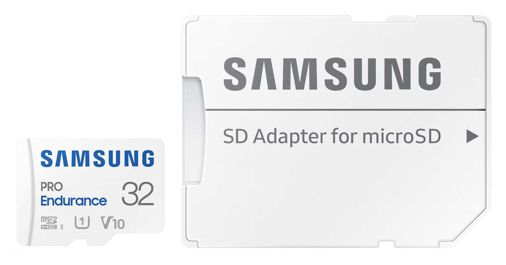 Obrazek przedstawia kartę SD Samsung i adapter. Karta jest biała z niebieskim tekstem. Adapter mówi 'Adapter SD dla microSD'.