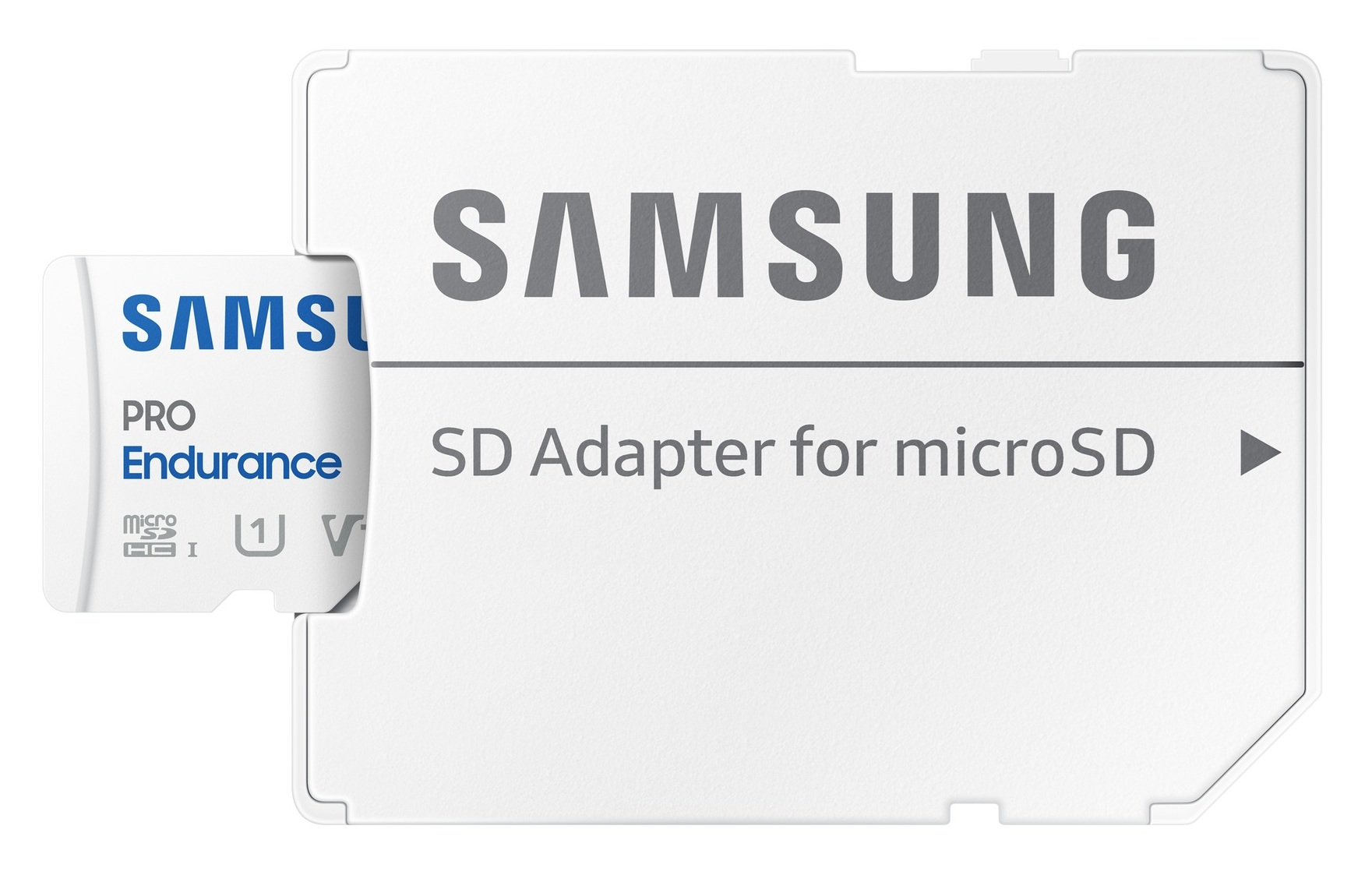 Adapter karty SD i karta microSD Samsung. Adapter jest biały z logo Samsung. Karta microSD to Pro Endurance.