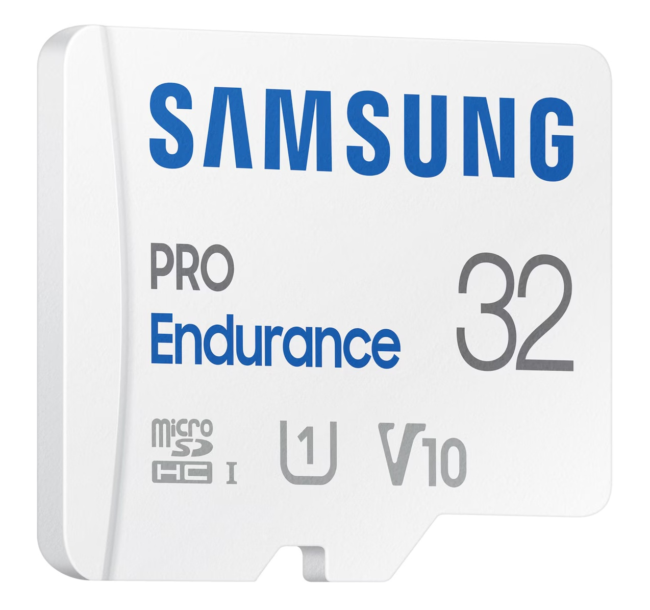 Biała karta microSD Samsung Pro Endurance 32GB. Niebieski tekst 'SAMSUNG', niebieski tekst 'Endurance' i szare '32'.