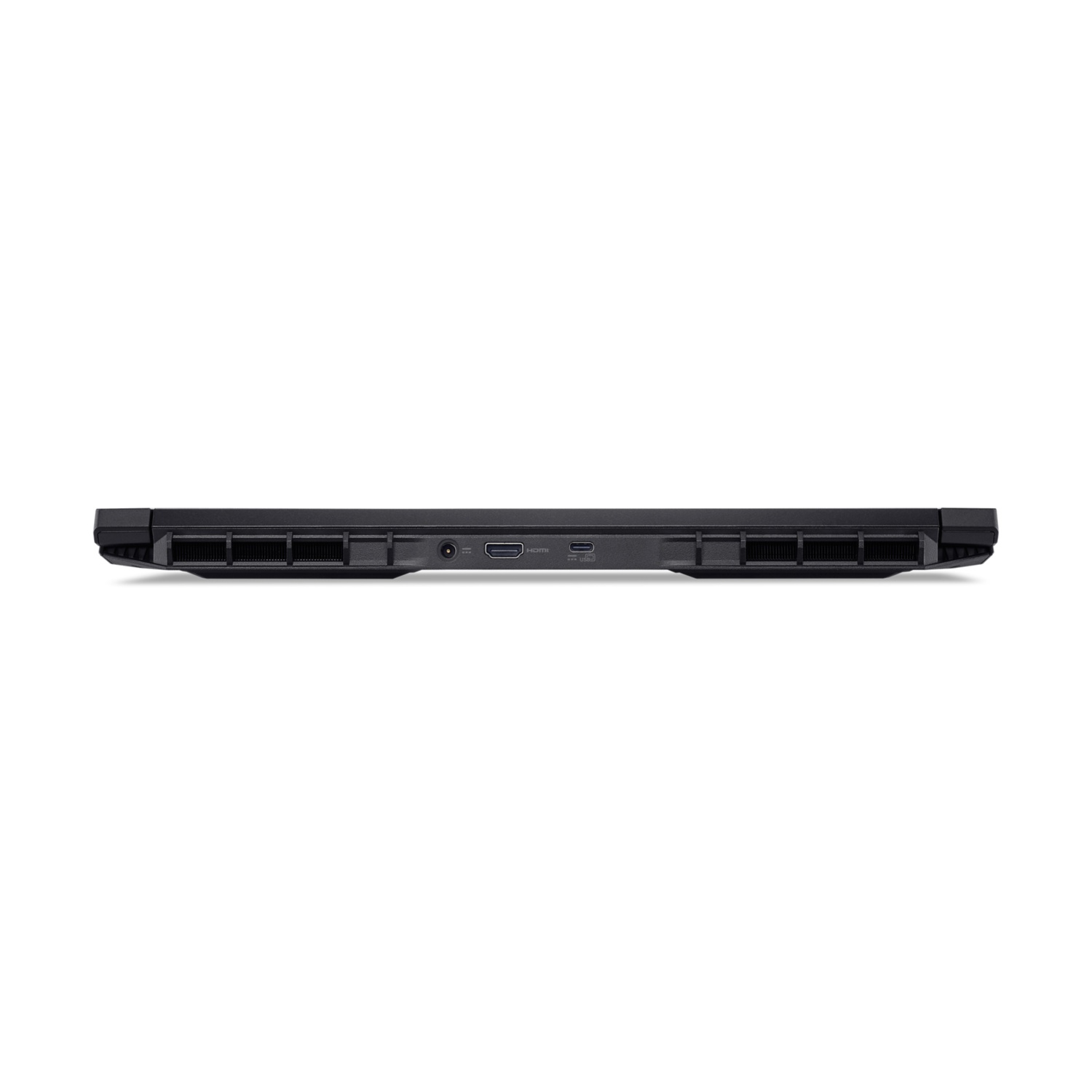 Il bordo inferiore di un laptop nero è mostrato. Le porte includono HDMI, USB e alimentazione. Il laptop è su sfondo bianco.