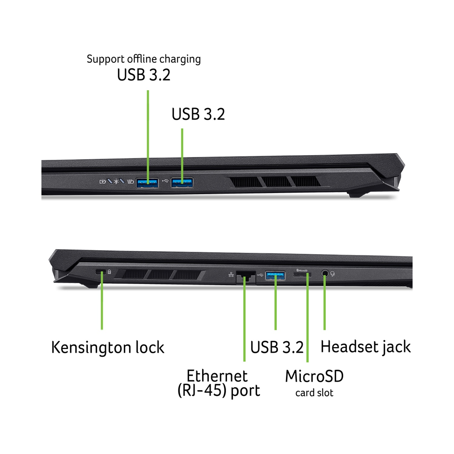 Lato del laptop con etichette: porte USB 3.2, blocco Kensington, porta Ethernet, slot per schede MicroSD e jack per cuffie.